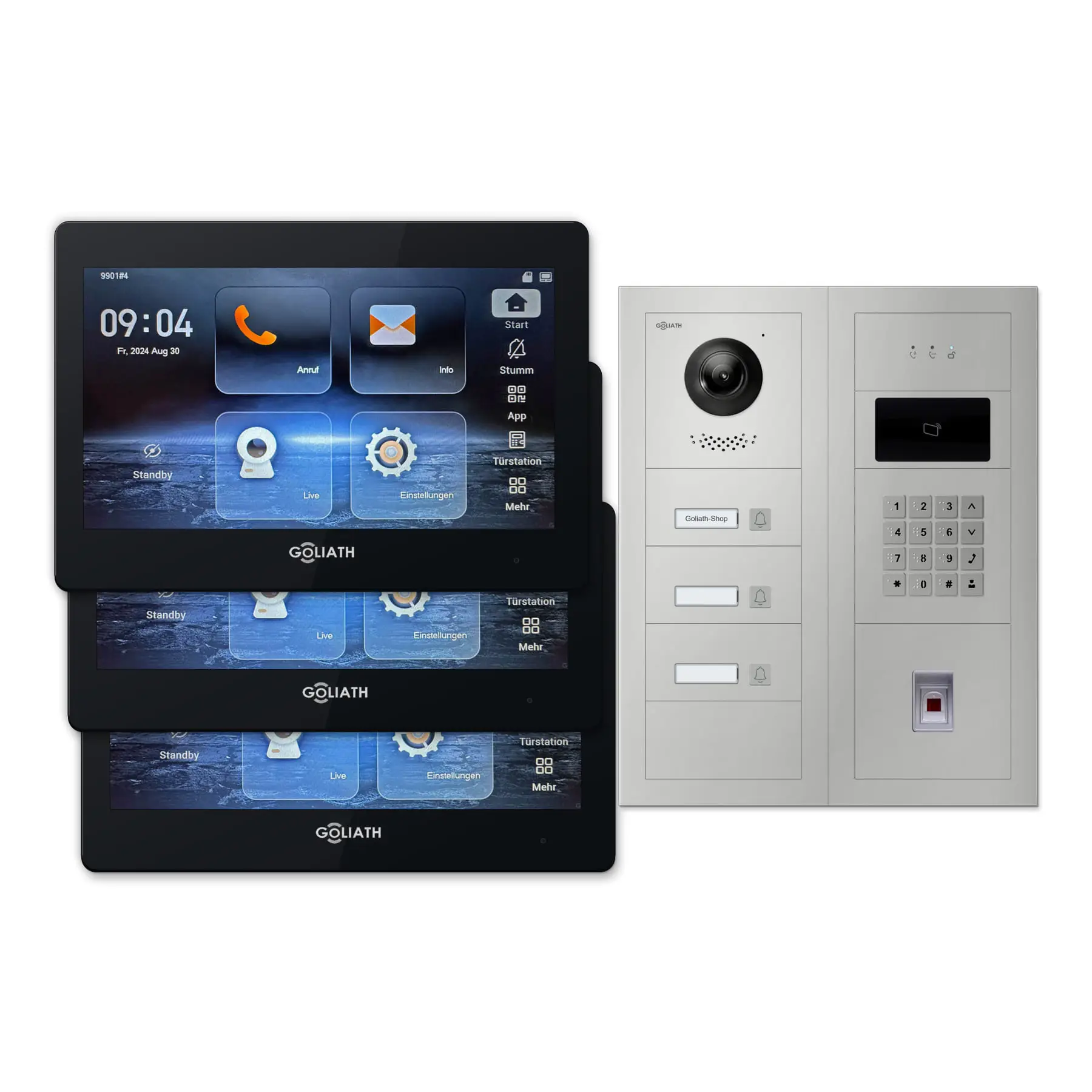 Modulare Goliath Außenstation in silber mit 3 Klingeltasten, Fingerprint, Zahlencode und RFID sowie Feedback-Modul und 3 7-Zoll-Innenmonitoren in Schwarz.