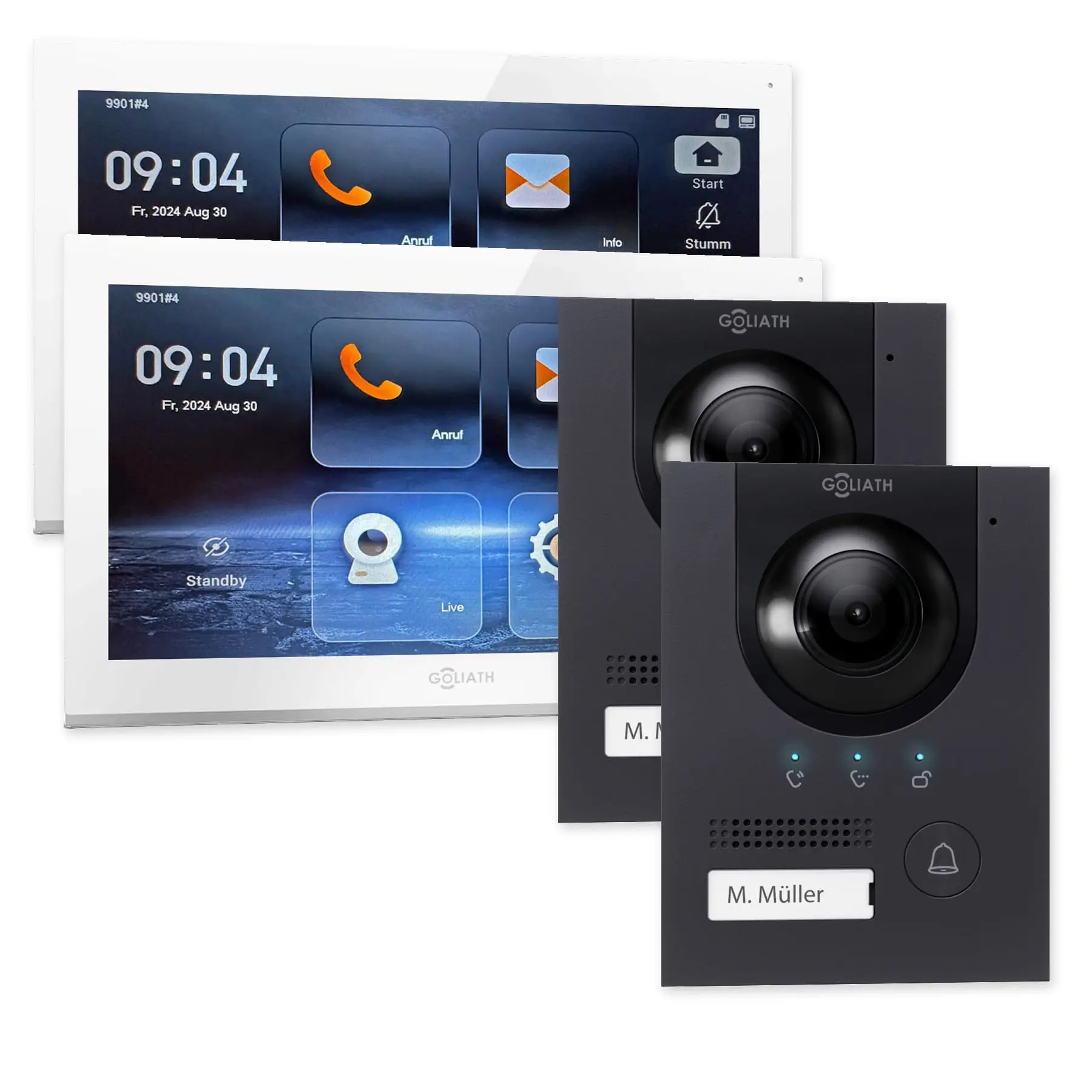Goliath IP-Set mit zwei anthrazitfarbenen Kompakt-Außenstationen und 2 weißen 10-Zoll-Innenmonitoren.