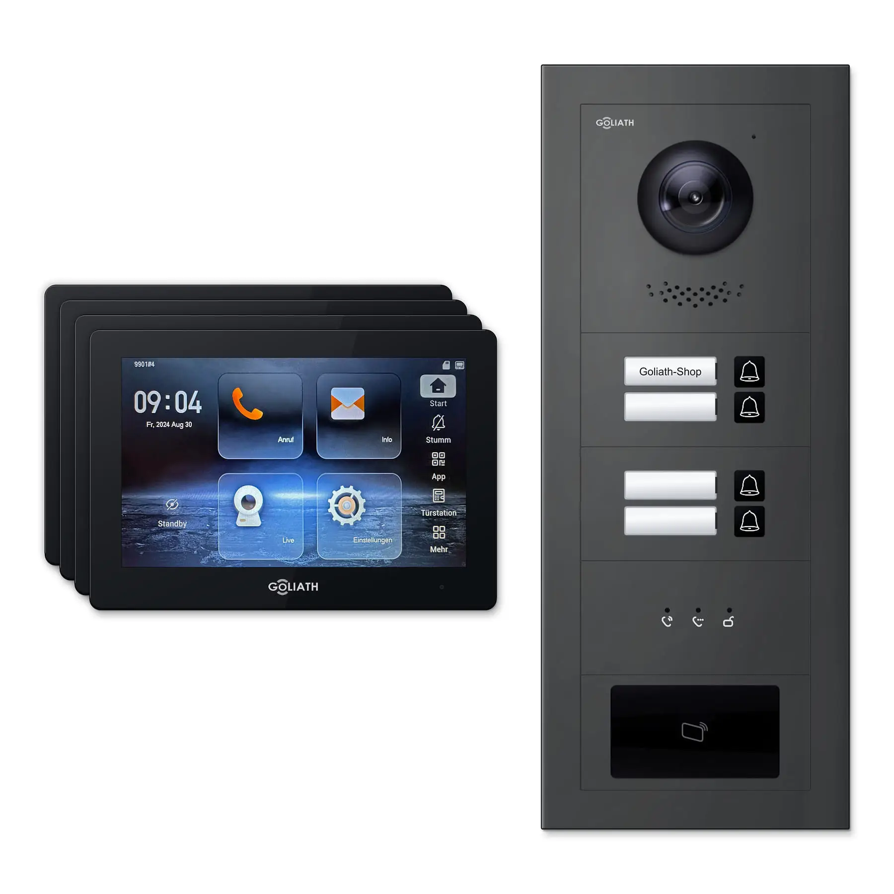 Goliath Türsprechanlage mit Kamera GL-HB410A.2 für 4-Familienhaus: 4 Monitore mit 7 Zoll in Schwarz, Außenstation in Anthrazit mit 4 Klingeltasten sowie Statusanzeige, RFID. Set für Unterputzmontage.
