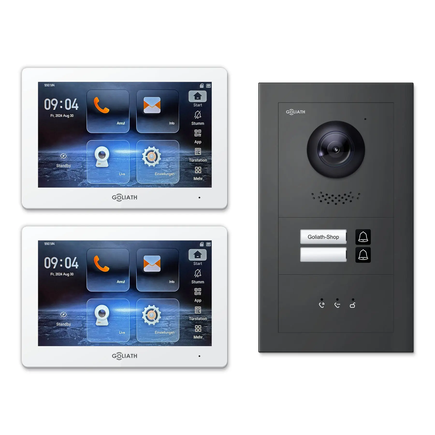Goliath Video Türsprechanlage GL-IPH205A für 2-Familienhaus: 2 Monitore mit 7 Zoll in Weiß, Außenstation in Anthrazit mit 2 Klingeltasten sowie Statusanzeige. Set für Unterputzmontage.