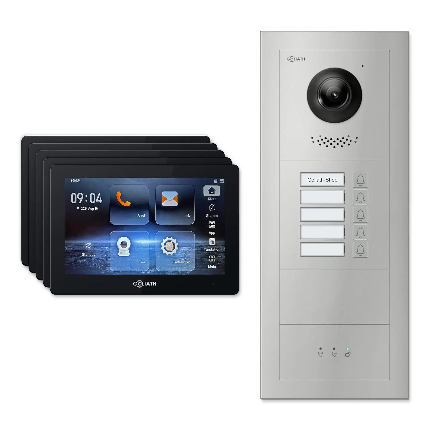 Goliath Türsprechanlage mit Kamera GL-HB540.3 für 5-Familienhaus: 5 Monitore mit 7 Zoll in Schwarz, Außenstation in Silber mit 5 Klingeltasten sowie Statusanzeige. Set für Aufputzmontage.
