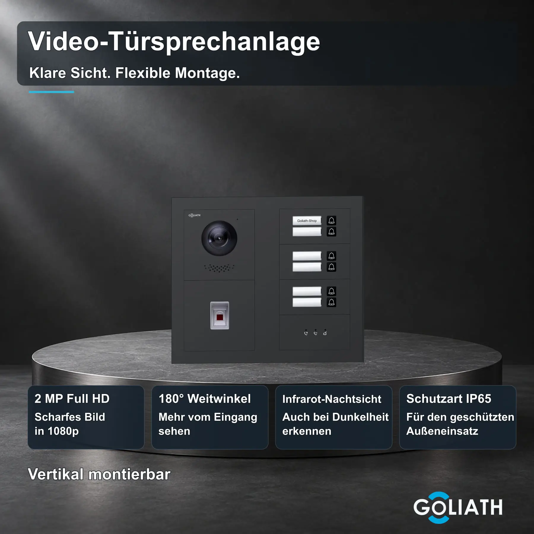 Goliath Premium-Line-Außenstation in Anthrazit mit Kamera, 6 Klingeltasten, Fingerprint-Modul und Feedback-Anzeige. Zwei aufrechte Modulspalten nebeneinander auf Naturstein.