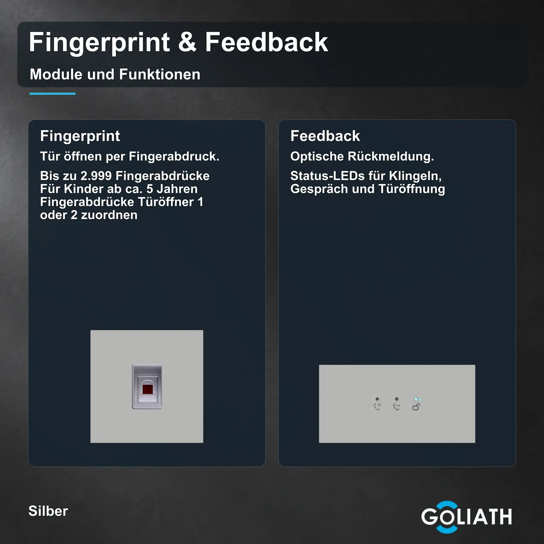 Fingerprint-Modul und Feedback-Anzeige für die Goliath Türsprechanlage in Silber: Türöffnung per Fingerabdruck und optische Rückmeldung zu Klingeln, Gespräch und Türöffnung.