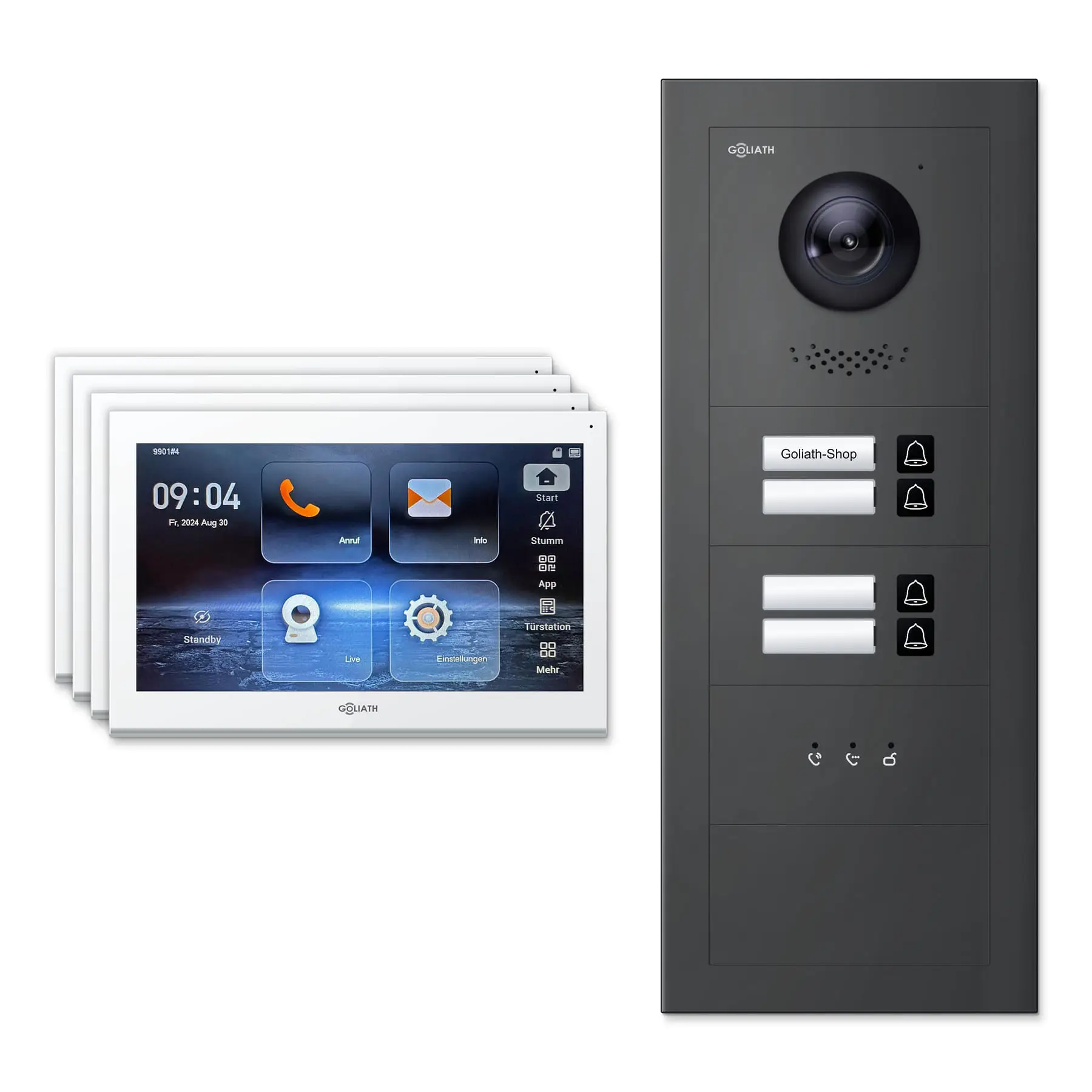 Goliath Video Türsprechanlage GL-IPH440A.1 für 4-Familienhaus: 4 Monitore mit 10 Zoll in Weiß, Außenstation in Anthrazit mit 4 Klingeltasten sowie Statusanzeige. Set für Aufputzmontage.