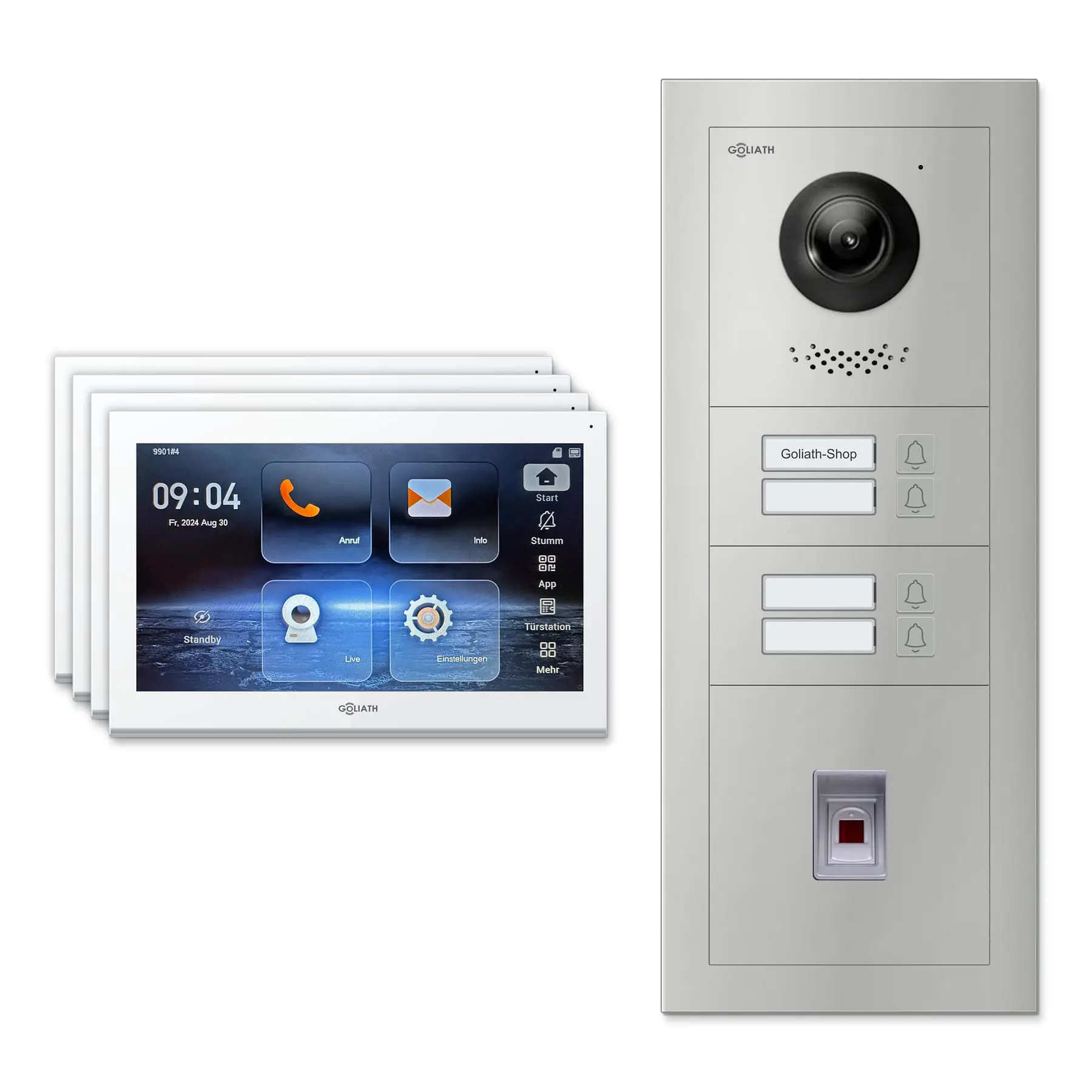 Goliath Video Türsprechanlage GL-IPH430 für 4-Familienhaus: 4 Monitore mit 10 Zoll in Weiß, Außenstation in Silber mit 4 Klingeltasten sowie Fingerprint. Set für Unterputzmontage.