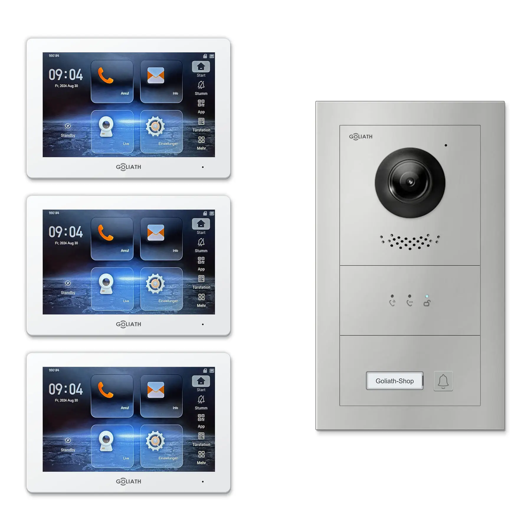 Goliath Türsprechanlage mit Kamera GL-HB102 für 1-Familienhaus: 3 Monitore mit 7 Zoll in Weiß, Außenstation in Silber mit 1 Klingeltaste sowie Statusanzeige. Set für Unterputzmontage.
