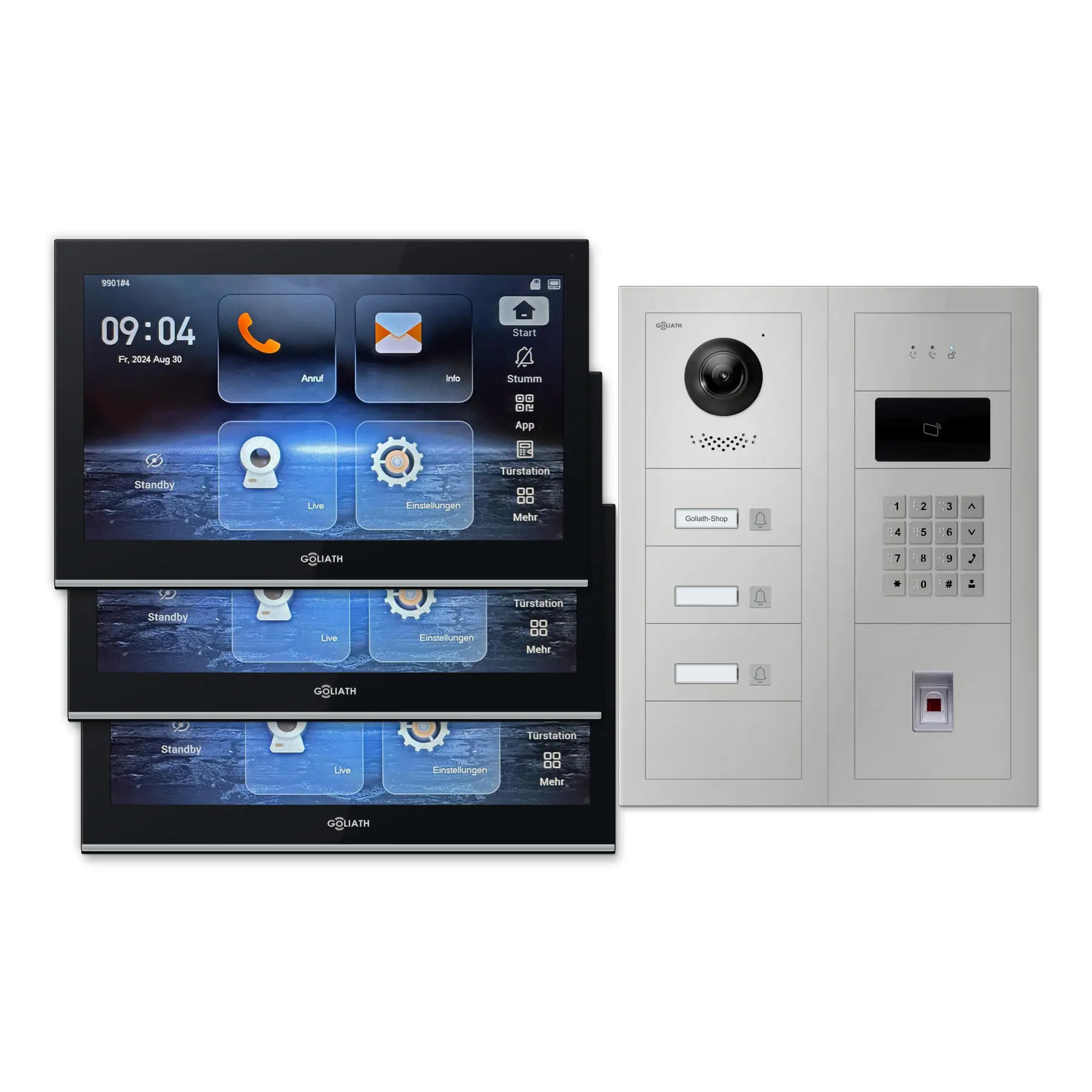 Modulare Goliath Außenstation in silber mit 3 Klingeltasten, Fingerprint, Zahlencode und RFID sowie Feedback-Modul und 3 10-Zoll-Innenmonitoren in Schwarz.