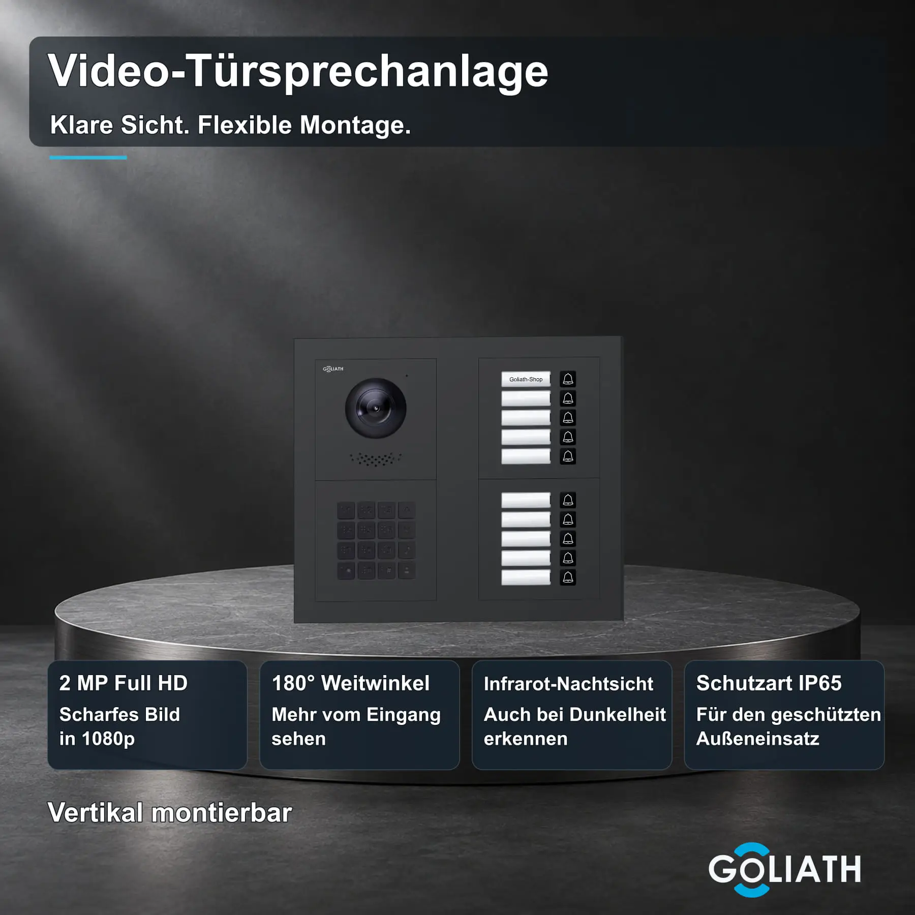 Goliath Premium-Line-Außenstation in Anthrazit mit Kamera, 10 Klingeltasten und Zahlencode-Tastatur. Zwei aufrechte Modulspalten nebeneinander auf Naturstein.