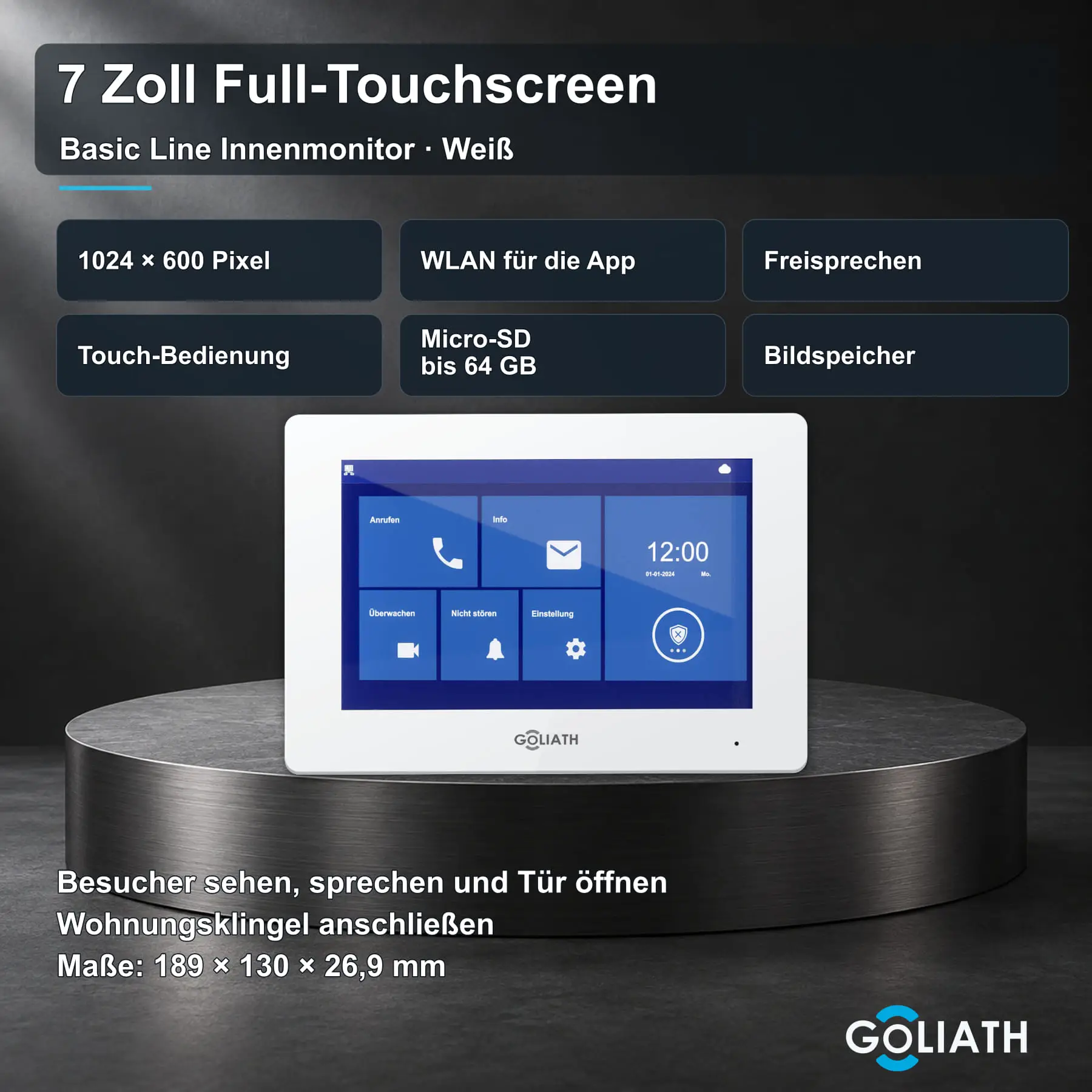 Goliath Basic Line 7-Zoll-Monitor in Weiß für Video-Türklingeln