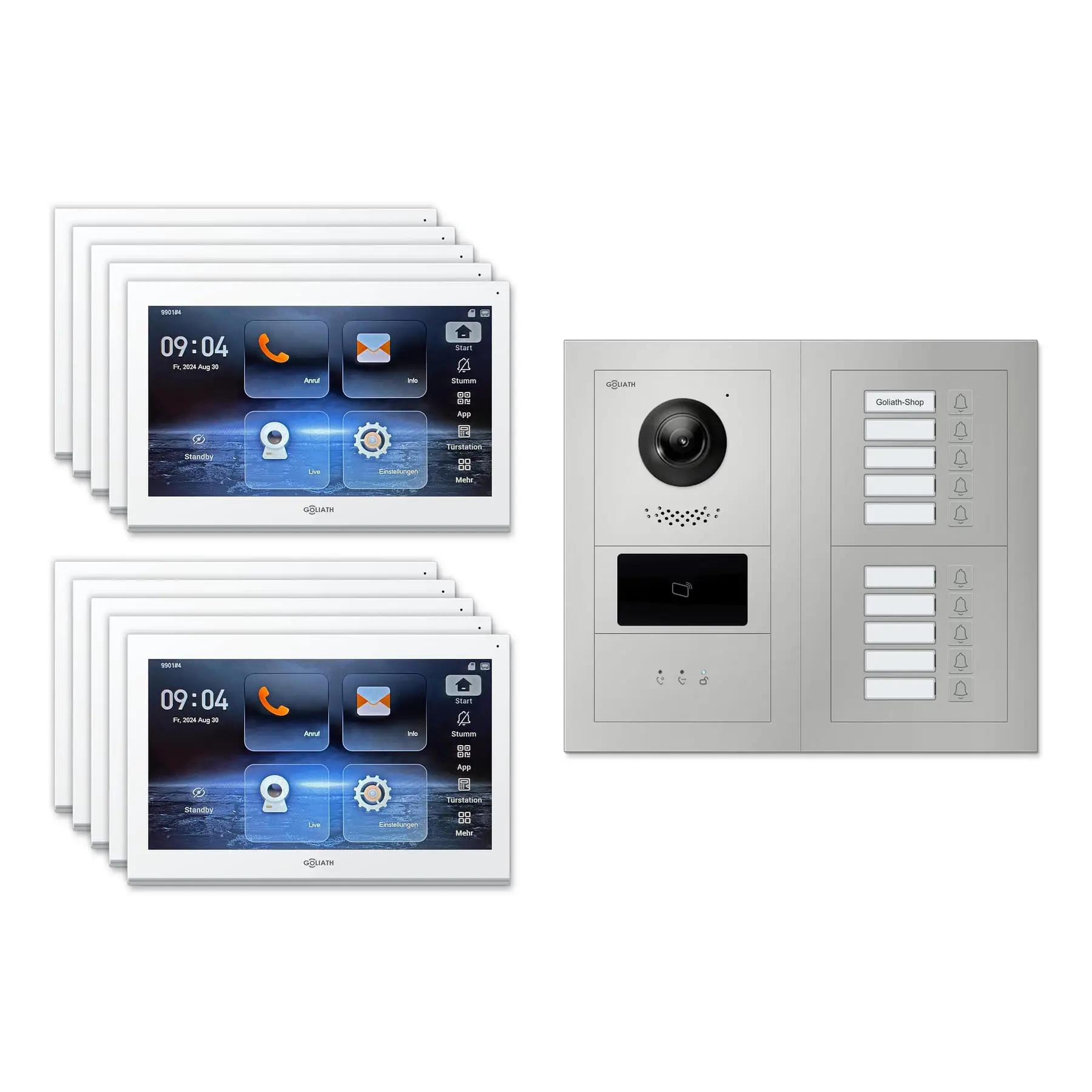 Goliath Video Türsprechanlage GL-IPH1010 für 10-Familienhaus: 10 Monitore mit 10 Zoll in Weiß, Außenstation in Silber mit 10 Klingeltasten sowie Statusanzeige, RFID. Set für Unterputzmontage.