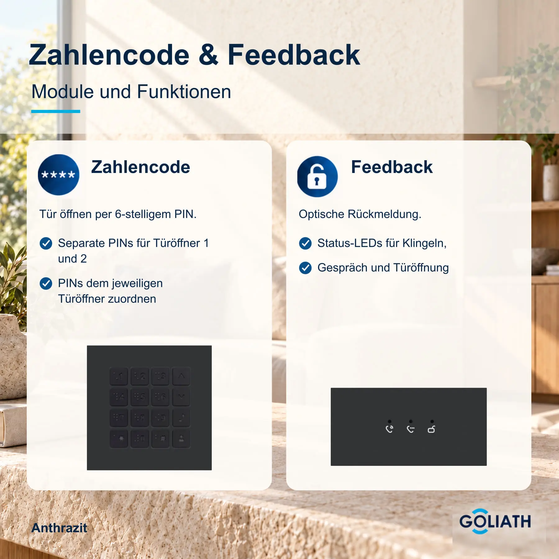 Zahlencode-Tastatur und Feedback-Anzeige für die Goliath Türsprechanlage in Anthrazit: Türöffnung per PIN und optische Rückmeldung zu Klingeln, Gespräch und Türöffnung.