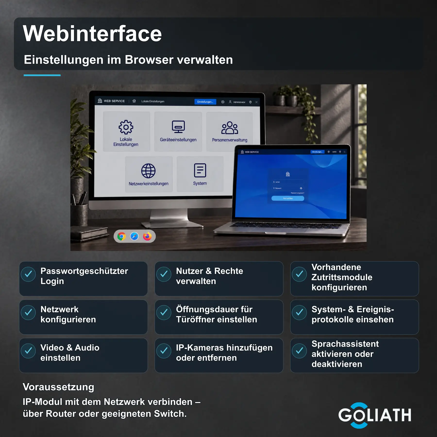 Webinterface auf Computer und Laptop für Nutzerverwaltung, Netzwerk, Bild und Ton, Türöffner und vorhandene Zutrittsmodule. Voraussetzung: IP-Modul im Netzwerk.