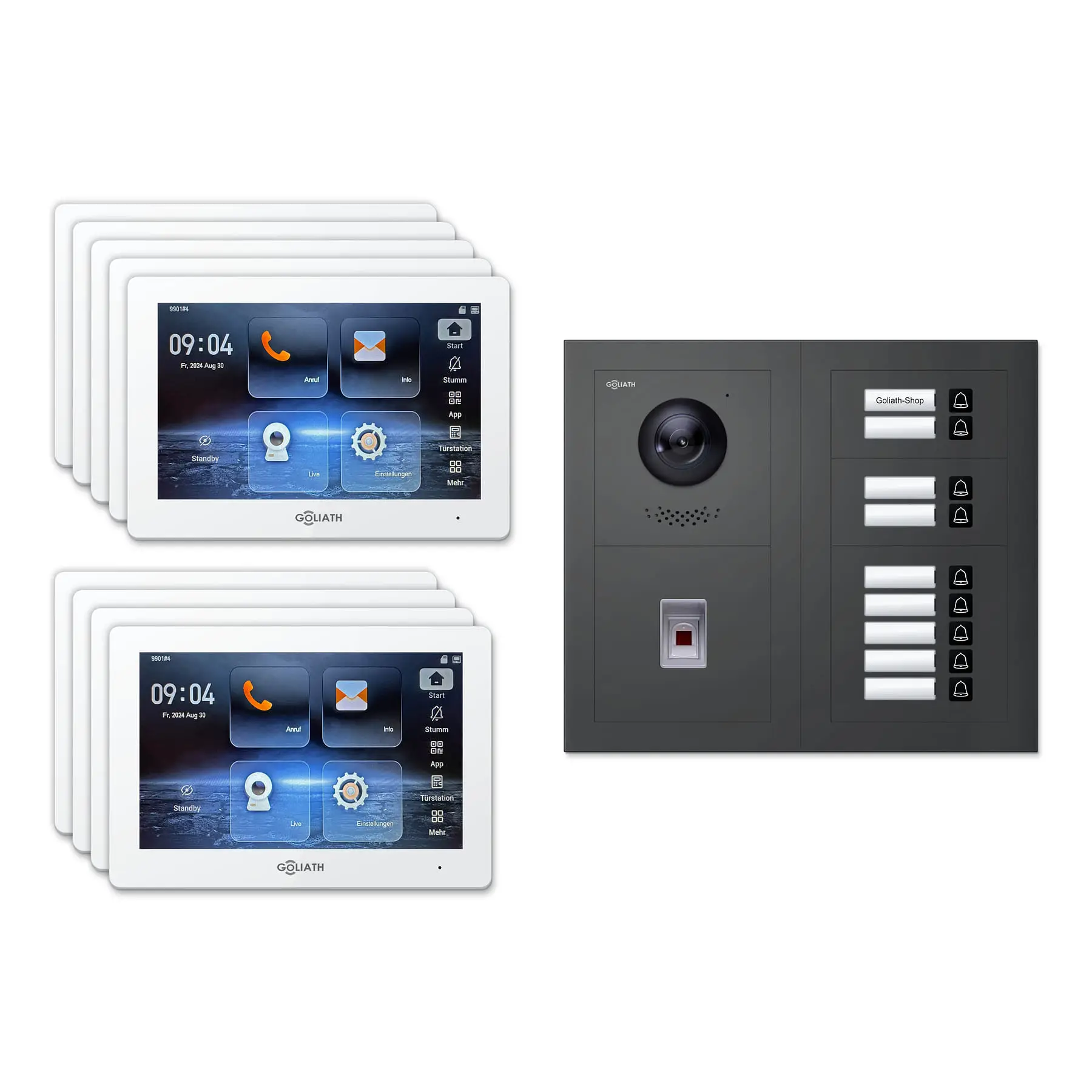 Goliath Video Türsprechanlage GL-IPH935A für 9-Familienhaus: 9 Monitore mit 7 Zoll in Weiß, Außenstation in Anthrazit mit 9 Klingeltasten sowie Fingerprint. Set für Unterputzmontage.