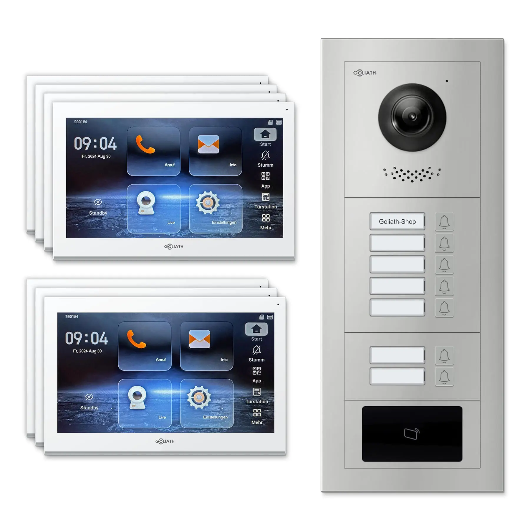 Goliath Video Türsprechanlage GL-IPH710 für 7-Familienhaus: 7 Monitore mit 10 Zoll in Weiß, Außenstation in Silber mit 7 Klingeltasten sowie RFID. Set für Unterputzmontage.