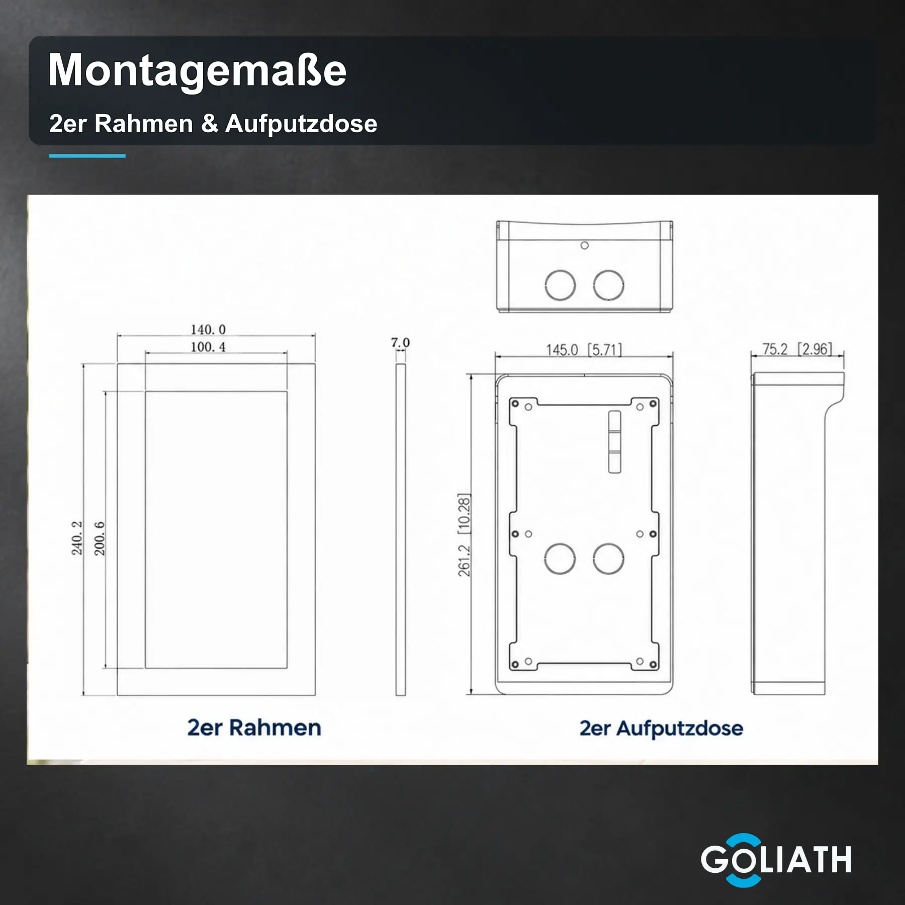 Technische Zeichnung mit Abmessungen und Befestigungsabständen für 2er-Rahmen mit Aufputzgehäuse.