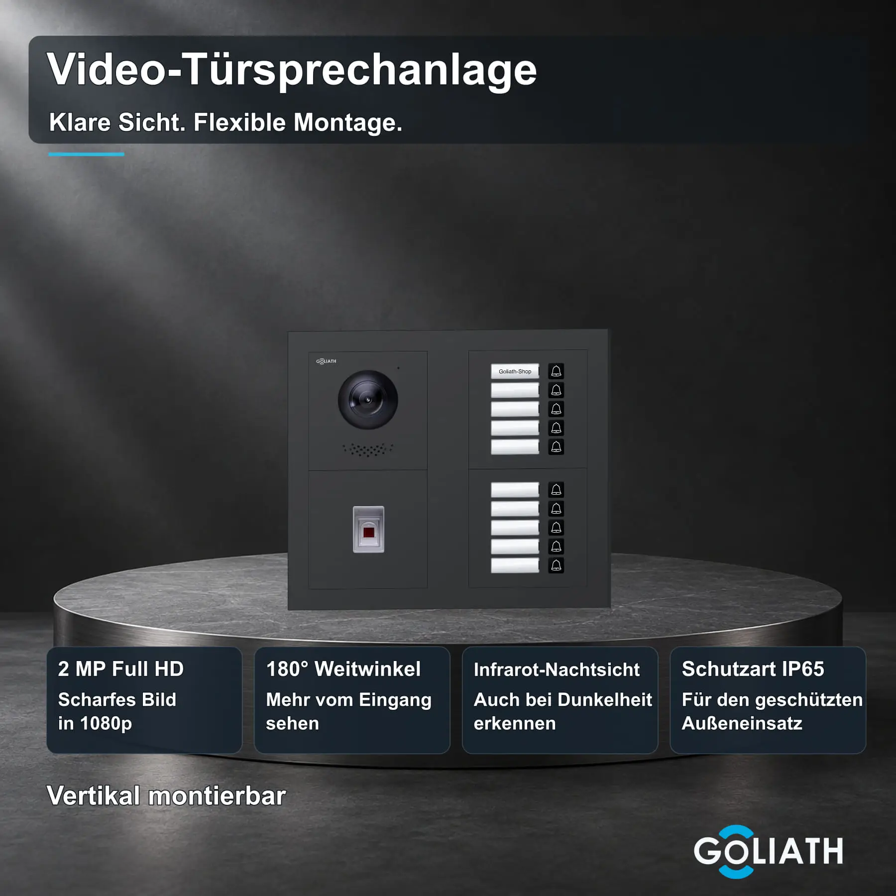 Goliath Premium-Line-Außenstation in Anthrazit mit Kamera, 10 Klingeltasten und Fingerprint-Modul. Zwei aufrechte Modulspalten nebeneinander auf Naturstein.