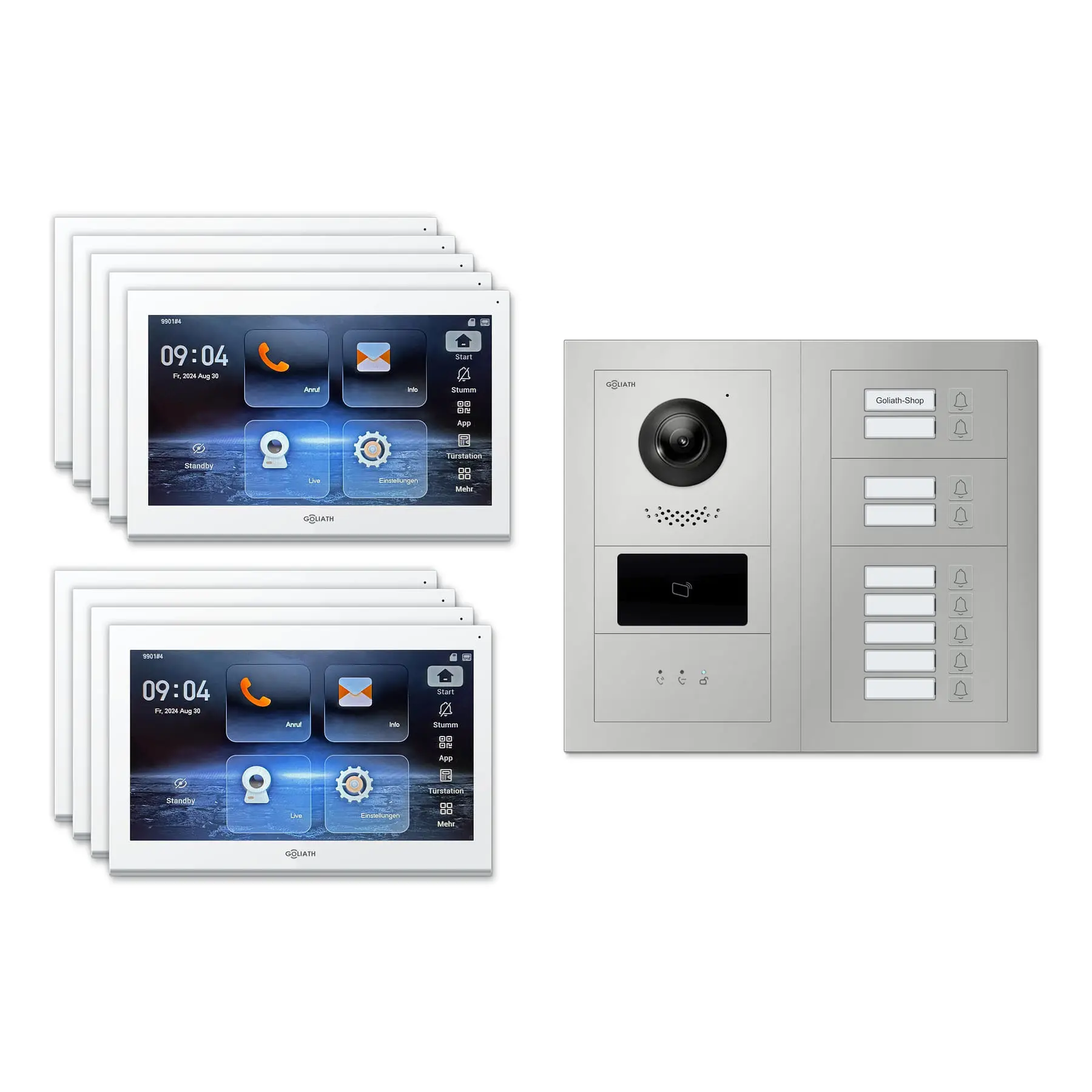 Goliath Video Türsprechanlage GL-IPH910.1 für 9-Familienhaus: 9 Monitore mit 10 Zoll in Weiß, Außenstation in Silber mit 9 Klingeltasten sowie Statusanzeige, RFID. Set für Aufputzmontage.