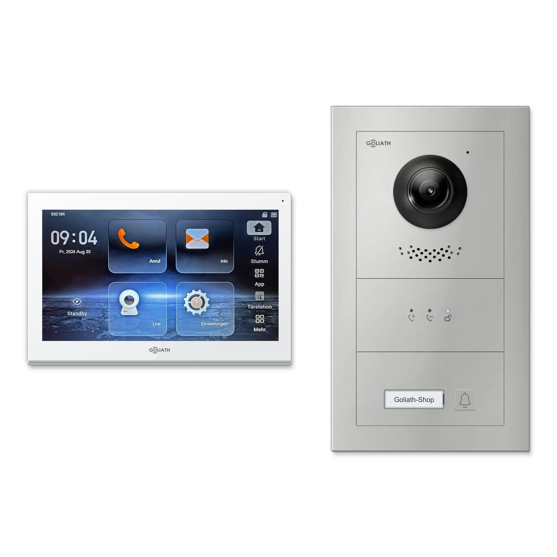 Goliath Video Türsprechanlage GL-IPH100 für 1-Familienhaus: 1 Monitor mit 10 Zoll in Weiß, Außenstation in Silber mit 1 Klingeltaste sowie Statusanzeige. Set für Unterputzmontage.