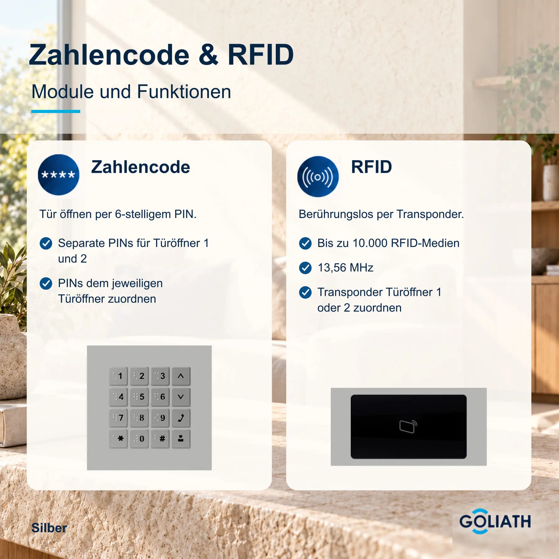 Zahlencode-Tastatur und RFID-Leser für die Goliath Türsprechanlage in Silber: Türöffnung per PIN und berührungslose Türöffnung per Transponder.