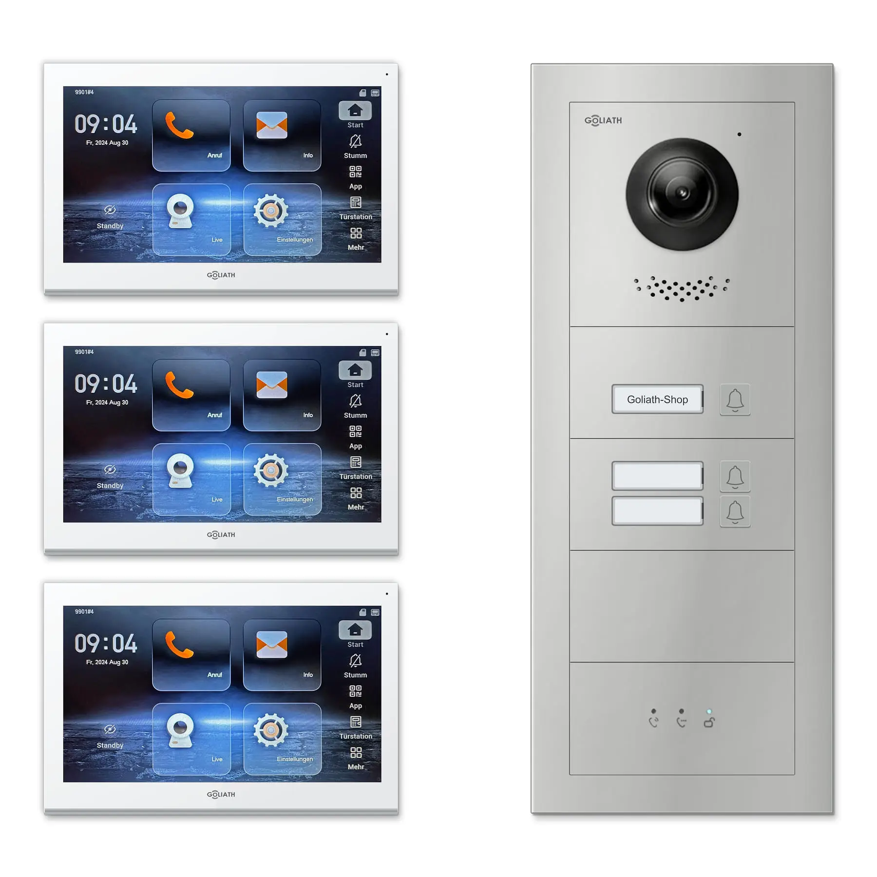 Goliath Video Türsprechanlage GL-IPH340 für 3-Familienhaus: 3 Monitore mit 10 Zoll in Weiß, Außenstation in Silber mit 3 Klingeltasten sowie Statusanzeige. Set für Unterputzmontage.