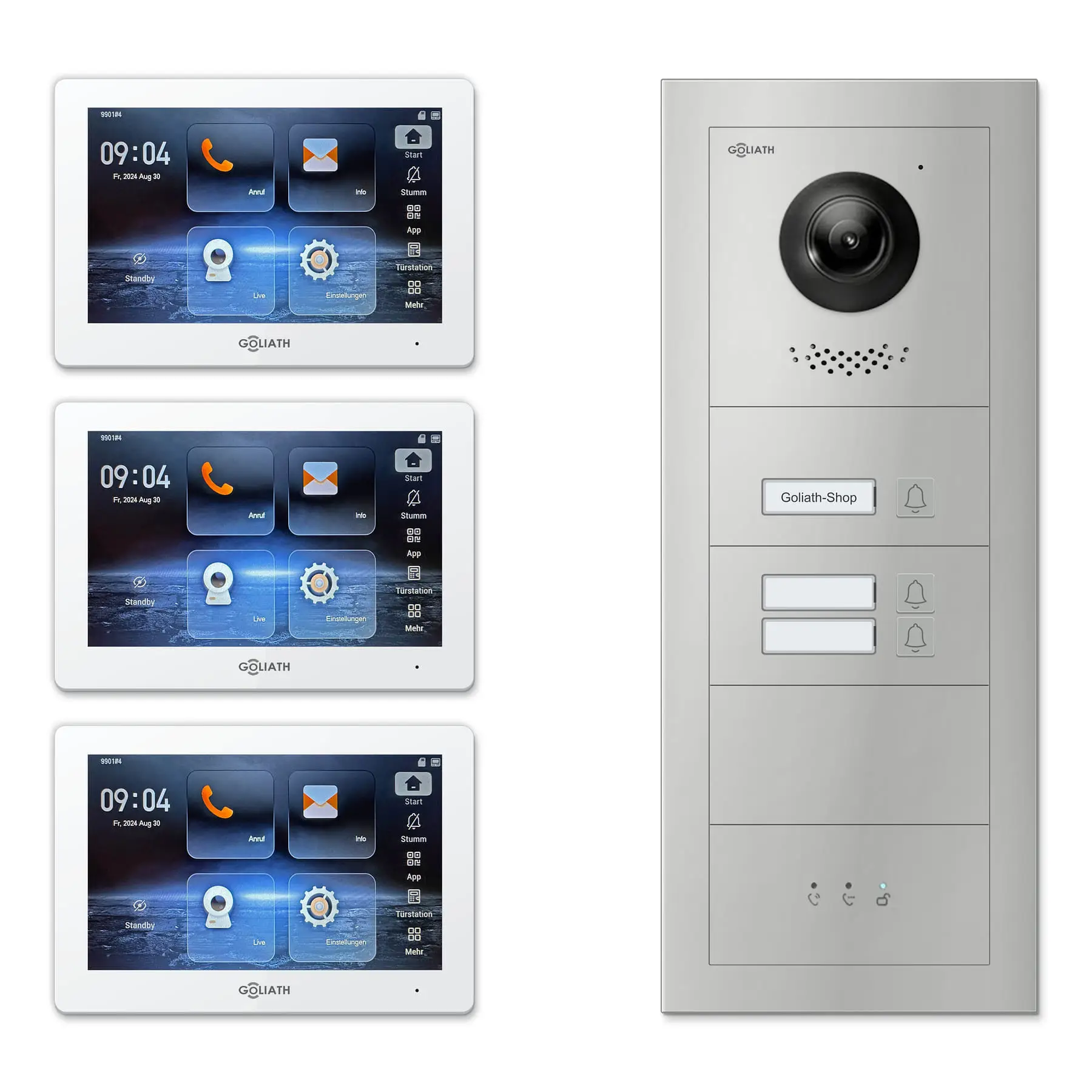 Goliath Video Türsprechanlage GL-IPH345 für 3-Familienhaus: 3 Monitore mit 7 Zoll in Weiß, Außenstation in Silber mit 3 Klingeltasten sowie Statusanzeige. Set für Unterputzmontage.