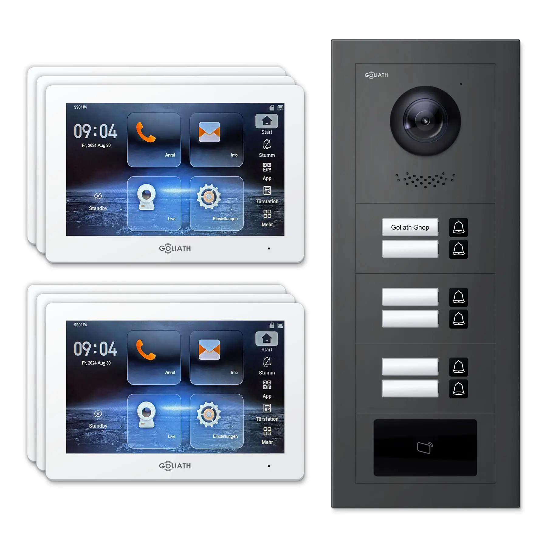 Goliath Video Türsprechanlage GL-IPH615A für 6-Familienhaus: 6 Monitore mit 7 Zoll in Weiß, Außenstation in Anthrazit mit 6 Klingeltasten sowie RFID. Set für Unterputzmontage.