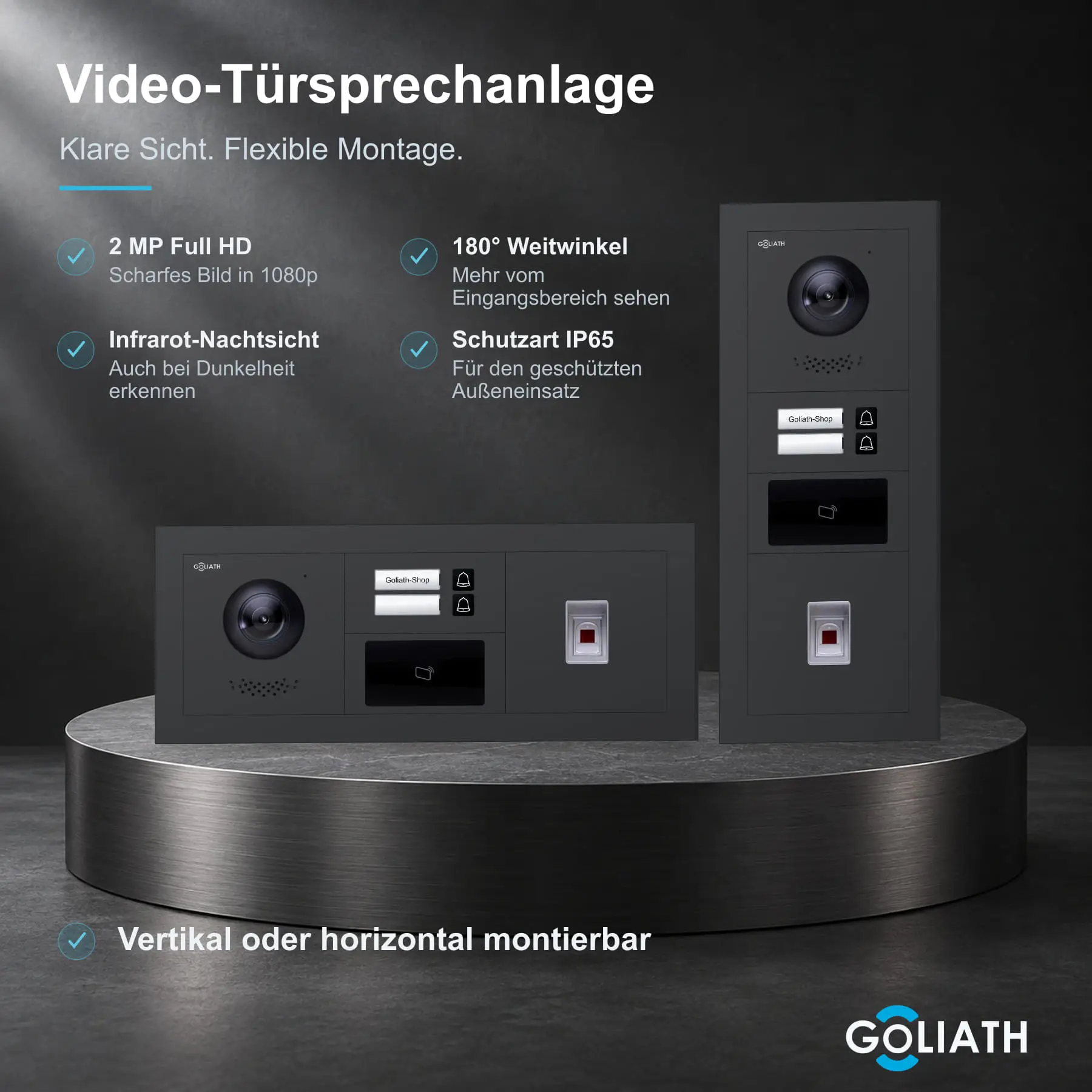 Goliath Premium-Line-Außenstation in Anthrazit mit Kamera, 2 Klingeltasten, Fingerprint-Modul und RFID-Leser. Senkrechte und waagerechte Anordnung auf Naturstein.