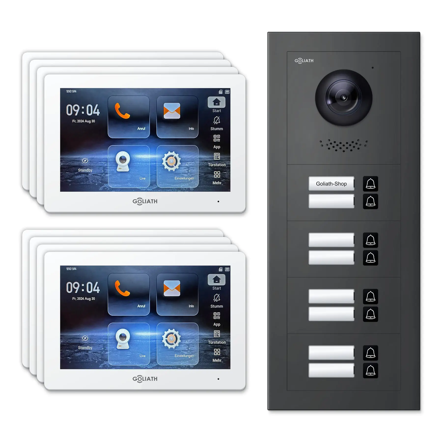 Goliath Video Türsprechanlage GL-IPH805A für 8-Familienhaus: 8 Monitore mit 7 Zoll in Weiß, Außenstation in Anthrazit mit 8 Klingeltasten. Set für Unterputzmontage.
