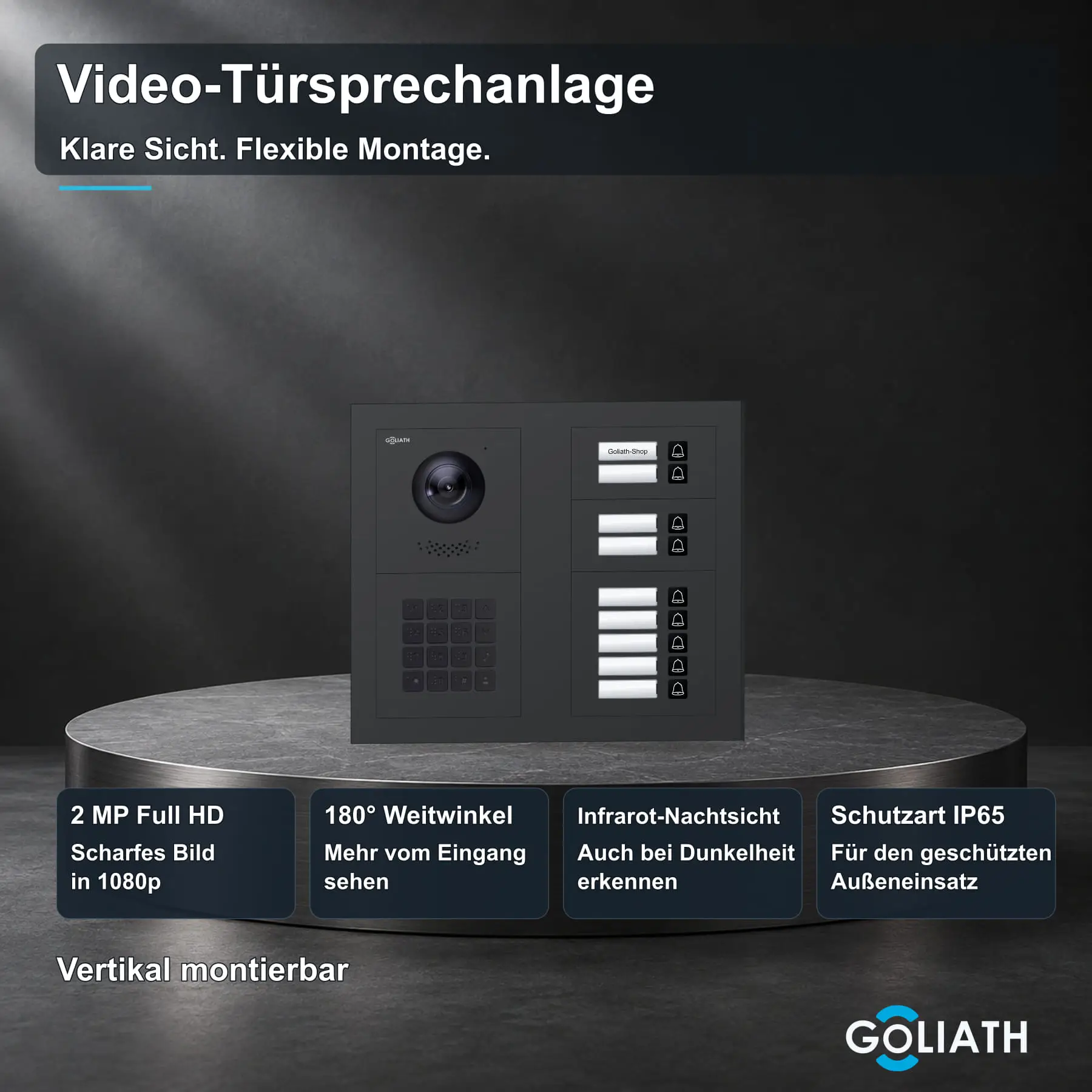 Goliath Premium-Line-Außenstation in Anthrazit mit Kamera, 9 Klingeltasten und Zahlencode-Tastatur. Zwei aufrechte Modulspalten nebeneinander auf Naturstein.