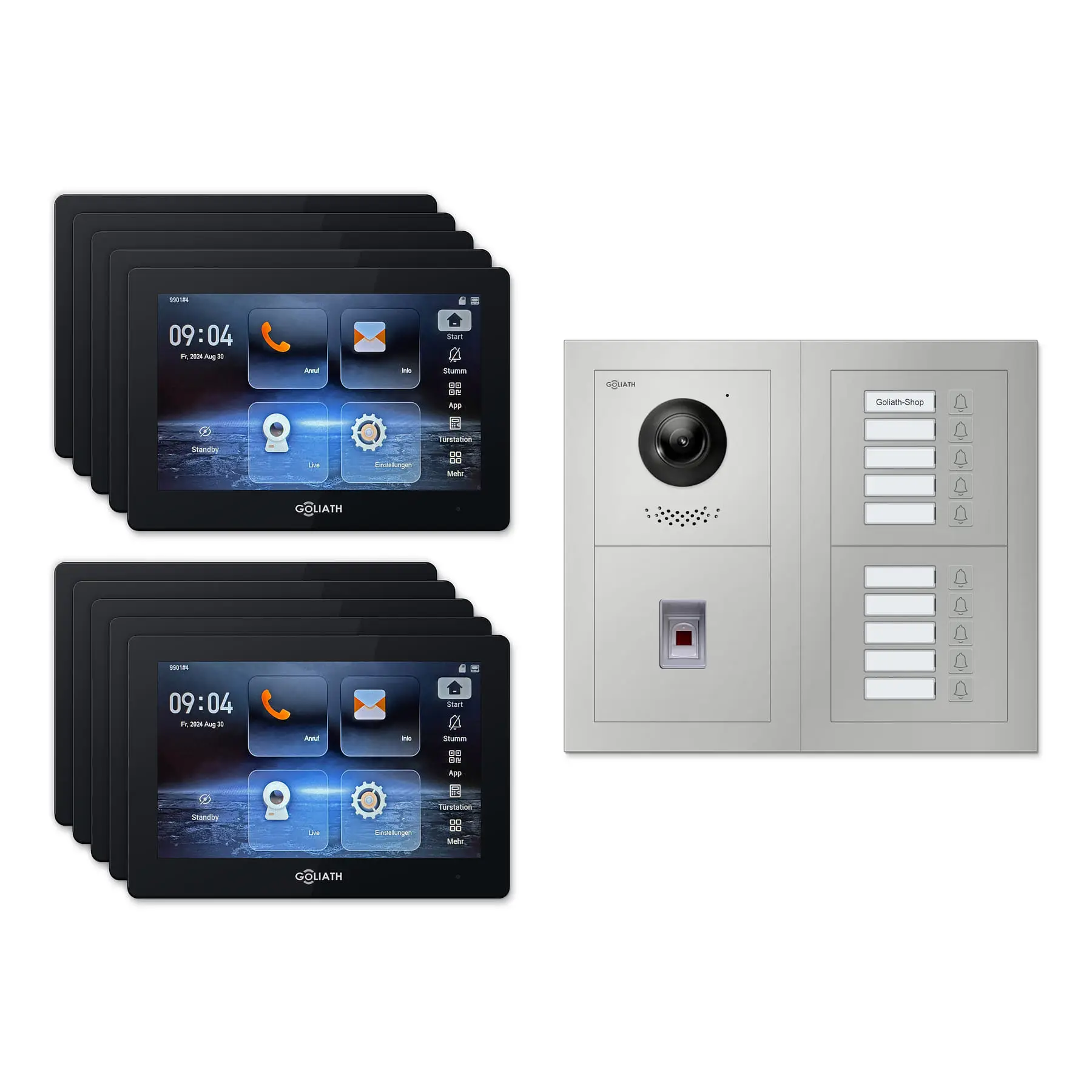 Goliath Video Türsprechanlage GL-IPH1035.3 für 10-Familienhaus: 10 Monitore mit 7 Zoll in Schwarz, Außenstation in Silber mit 10 Klingeltasten sowie Fingerprint. Set für Aufputzmontage.