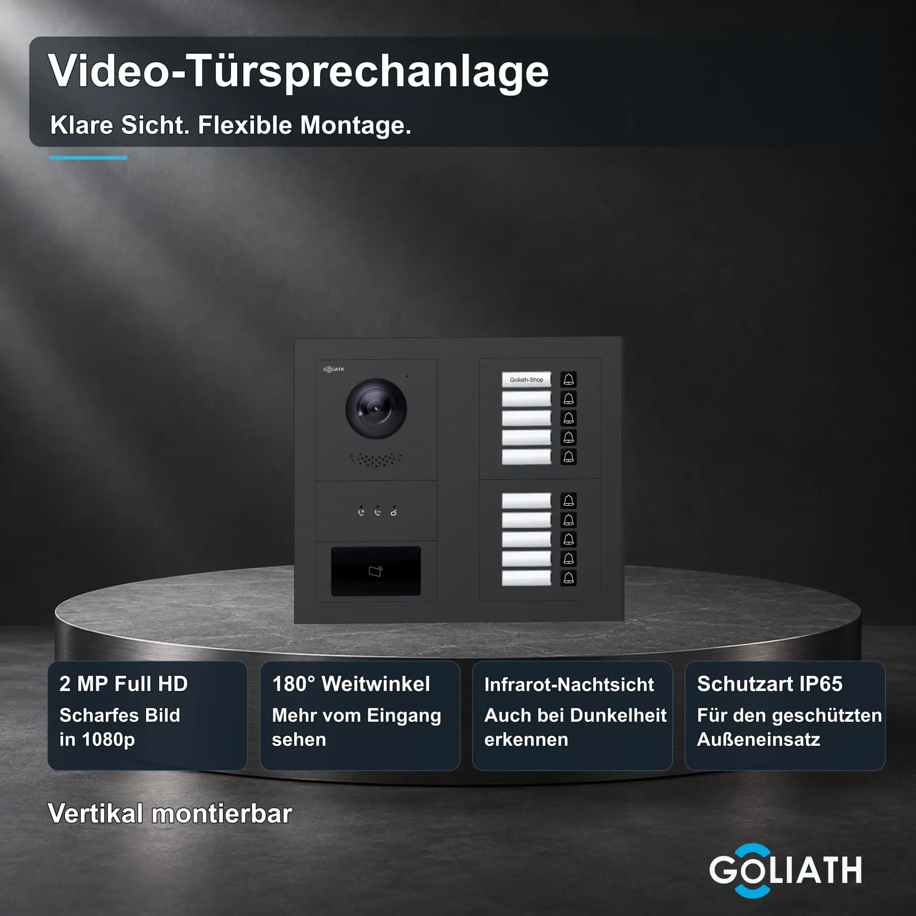 Goliath Premium-Line-Außenstation in Anthrazit mit Kamera, 10 Klingeltasten, RFID-Leser und Feedback-Anzeige. Zwei aufrechte Modulspalten nebeneinander auf Naturstein.