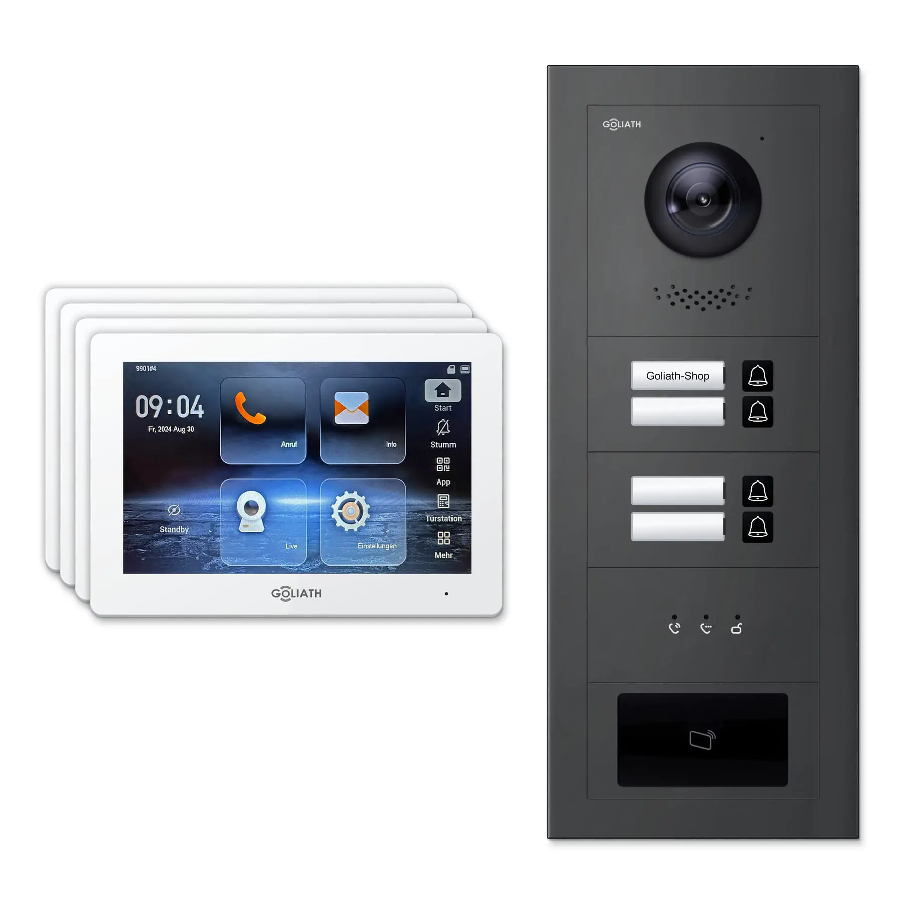 Goliath Türsprechanlage mit Kamera GL-HB410A für 4-Familienhaus: 4 Monitore mit 7 Zoll in Weiß, Außenstation in Anthrazit mit 4 Klingeltasten sowie Statusanzeige, RFID. Set für Unterputzmontage.