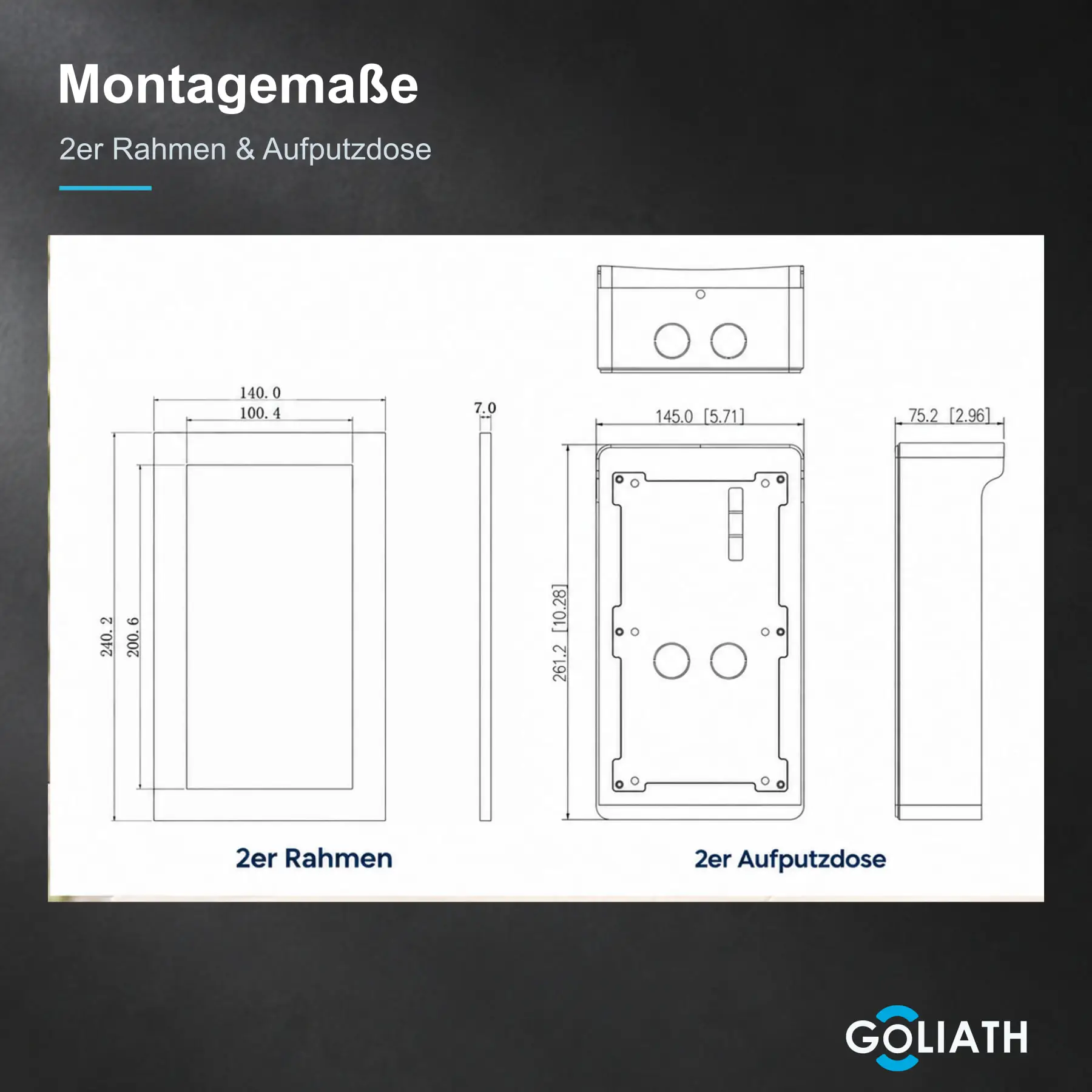 Technische Zeichnung mit Abmessungen und Befestigungsabständen für 2er-Rahmen mit Aufputzgehäuse.
