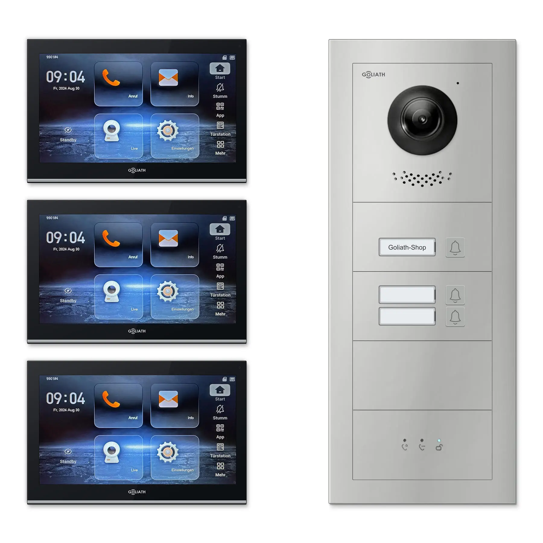 Goliath Video Türsprechanlage GL-IPH340.6 für 3-Familienhaus: 3 Monitore mit 10 Zoll in Schwarz, Außenstation in Silber mit 3 Klingeltasten sowie Statusanzeige. Set für Aufputzmontage.