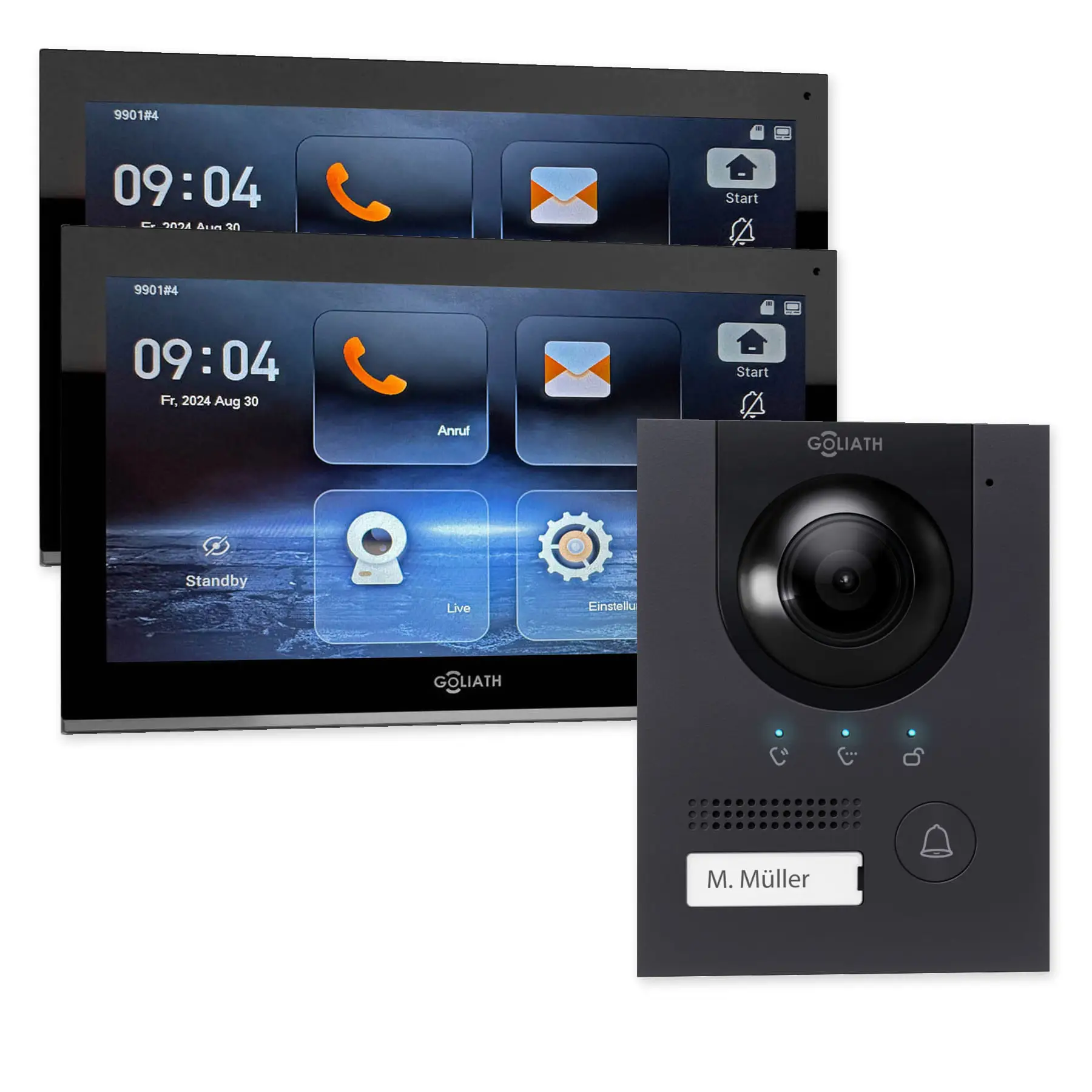 Goliath IP-Set mit einer anthrazitfarbenen Kompakt-Außenstation und 2 schwarzen 10-Zoll-Innenmonitoren.