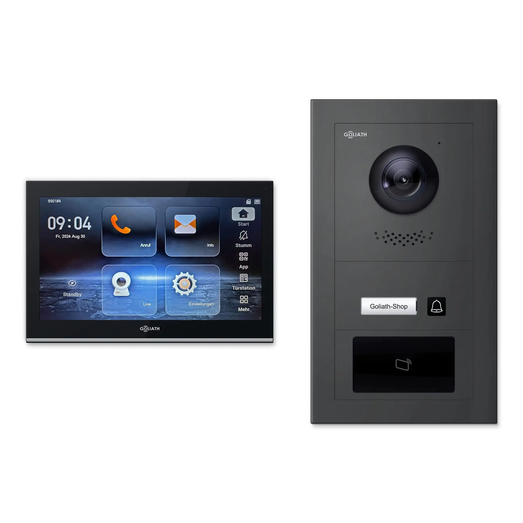Goliath Video Türsprechanlage GL-IPH110A.6 für 1-Familienhaus: 1 Monitor mit 10 Zoll in Schwarz, Außenstation in Anthrazit mit 1 Klingeltaste sowie RFID. Set für Aufputzmontage.