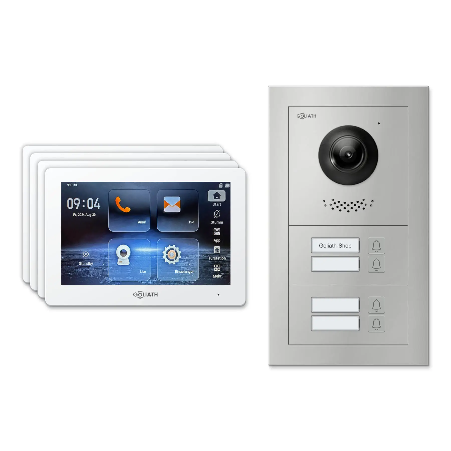 Goliath Türsprechanlage mit Kamera GL-HB400 für 4-Familienhaus: 4 Monitore mit 7 Zoll in Weiß, Außenstation in Silber mit 4 Klingeltasten. Set für Unterputzmontage.