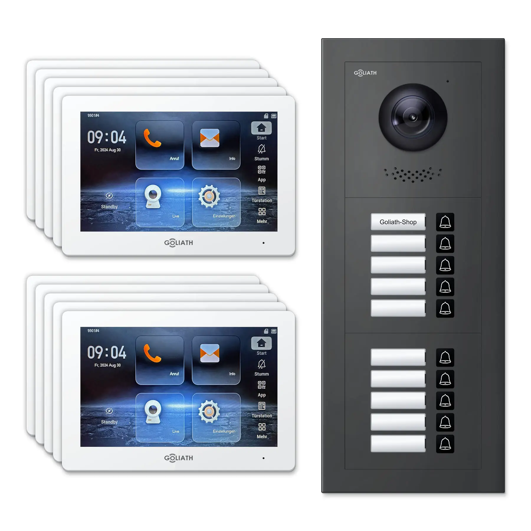 Goliath Video Türsprechanlage GL-IPH1005A für 10-Familienhaus: 10 Monitore mit 7 Zoll in Weiß, Außenstation in Anthrazit mit 10 Klingeltasten. Set für Unterputzmontage.