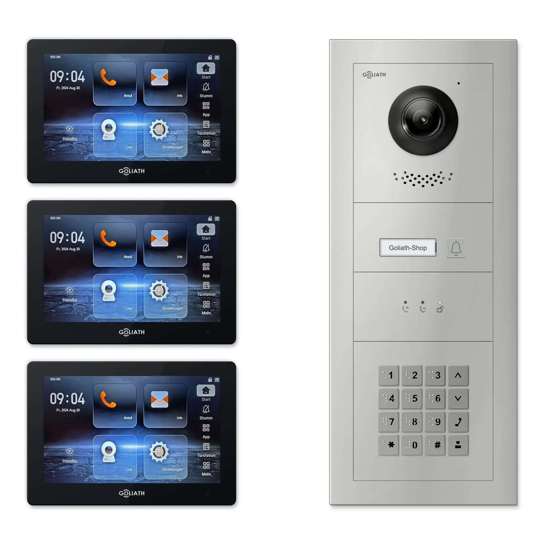 Goliath Video Türsprechanlage GL-IPH127.6 für 1-Familienhaus: 3 Monitore mit 7 Zoll in Schwarz, Außenstation in Silber mit 1 Klingeltaste sowie Statusanzeige, Zahlencode. Set für Aufputzmontage.