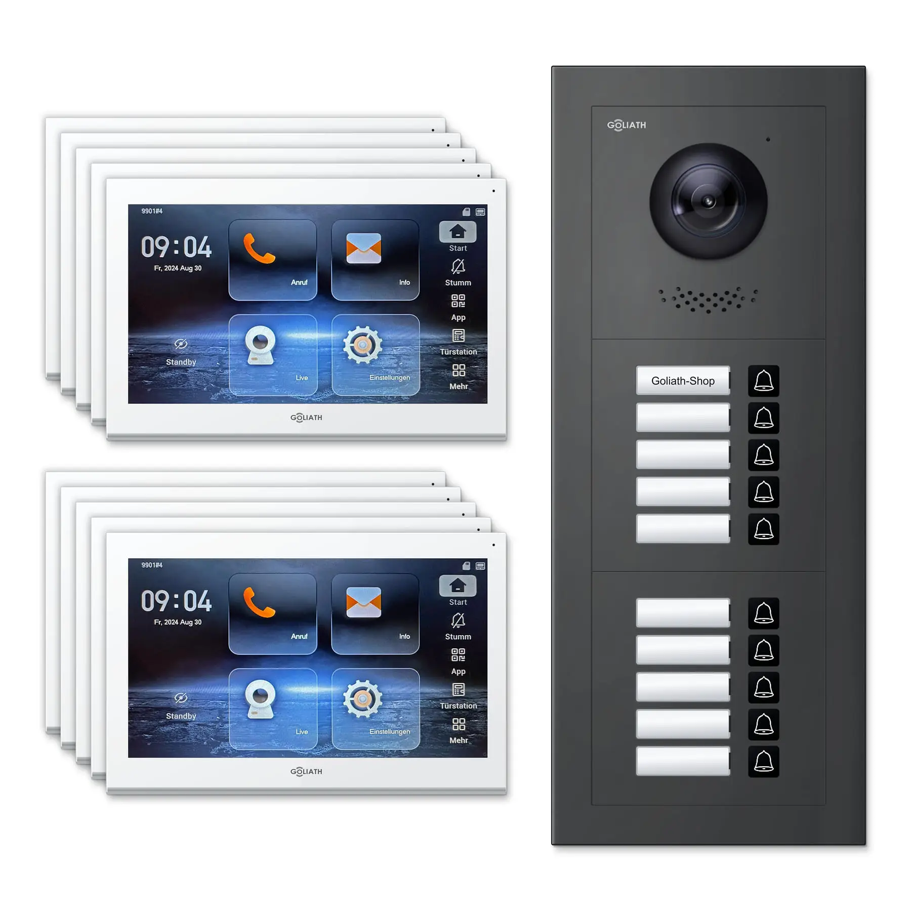 Goliath Video Türsprechanlage GL-IPH1000A.1 für 10-Familienhaus: 10 Monitore mit 10 Zoll in Weiß, Außenstation in Anthrazit mit 10 Klingeltasten. Set für Aufputzmontage.
