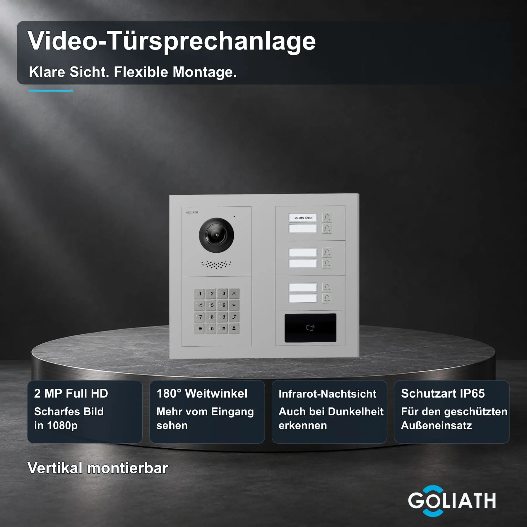 Goliath Premium-Line-Außenstation in Silber mit Kamera, 6 Klingeltasten, Zahlencode-Tastatur und RFID-Leser. Zwei aufrechte Modulspalten nebeneinander auf Naturstein.