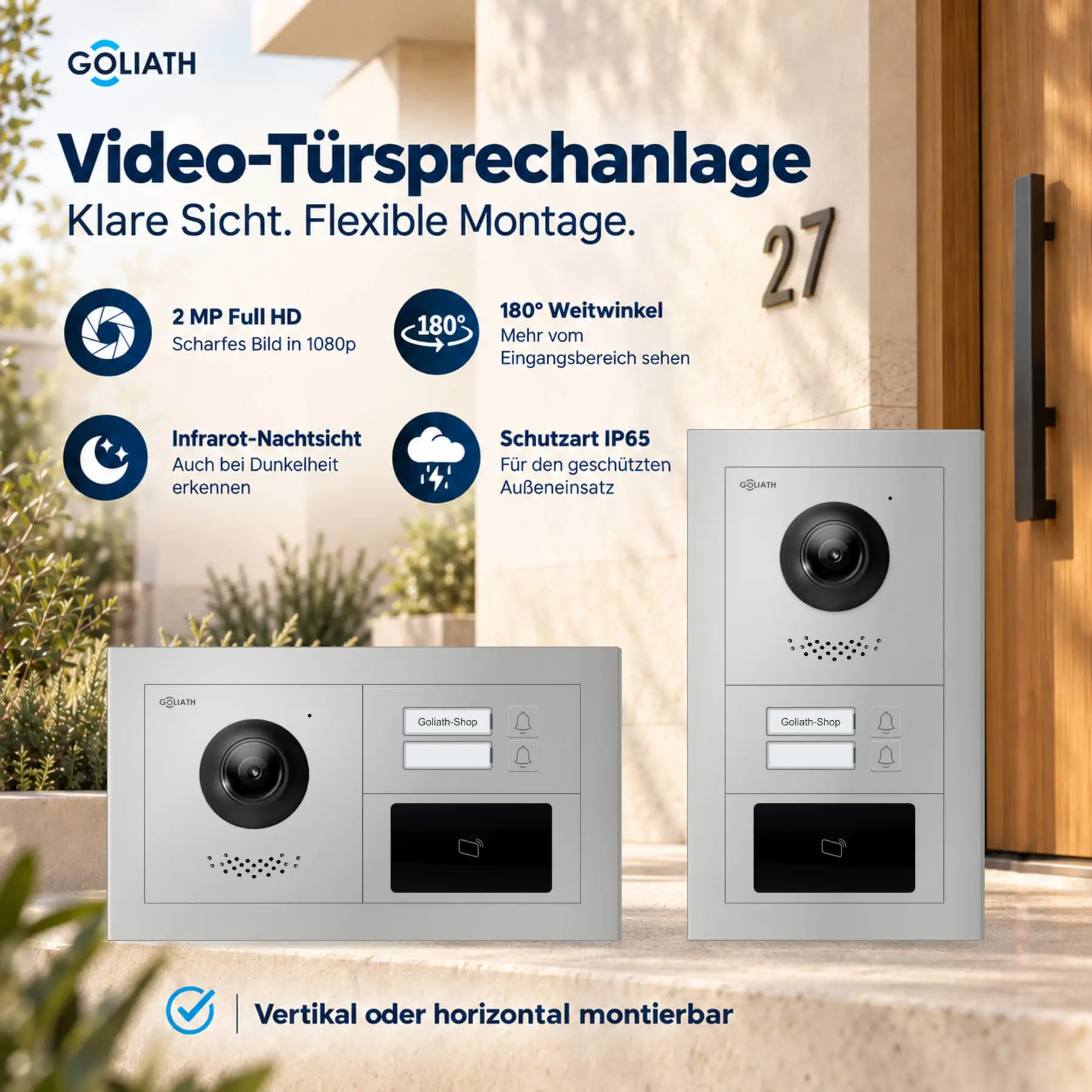 Goliath Premium-Line-Außenstation in Silber mit Kamera, 2 Klingeltasten und RFID-Leser. Senkrechte und waagerechte Anordnung auf Naturstein.