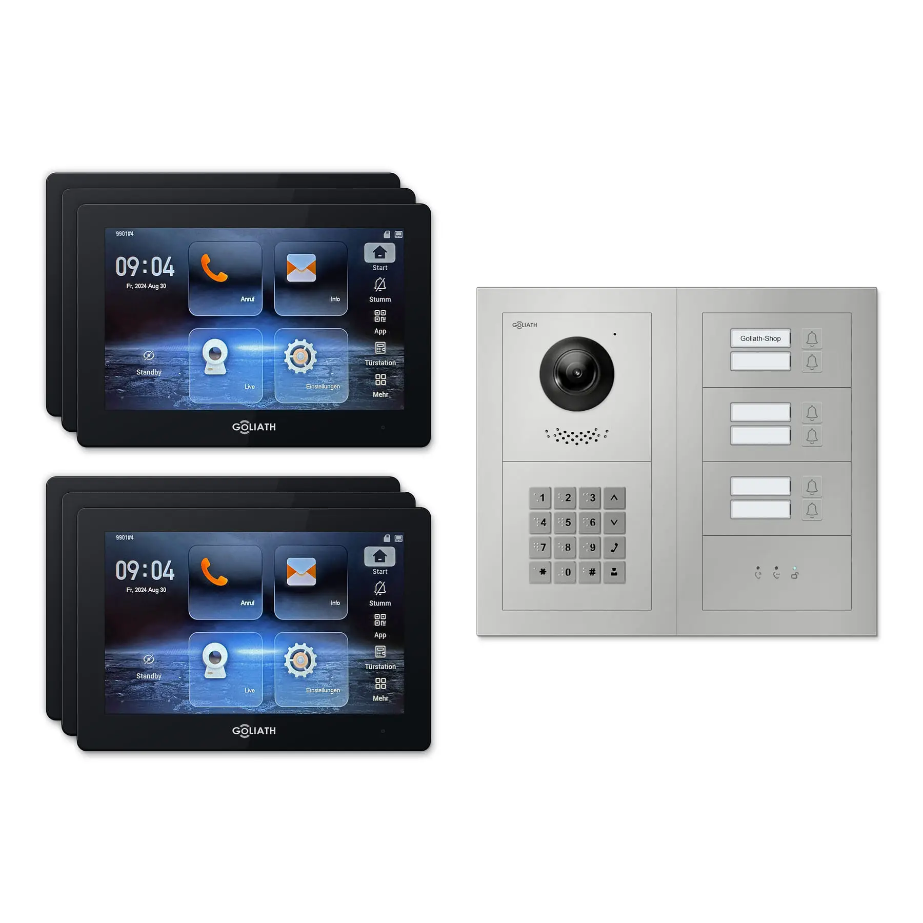 Goliath Video Türsprechanlage GL-IPH635.2 für 6-Familienhaus: 6 Monitore mit 7 Zoll in Schwarz, Außenstation in Silber mit 6 Klingeltasten sowie Statusanzeige, Zahlencode. Set für Unterputzmontage.