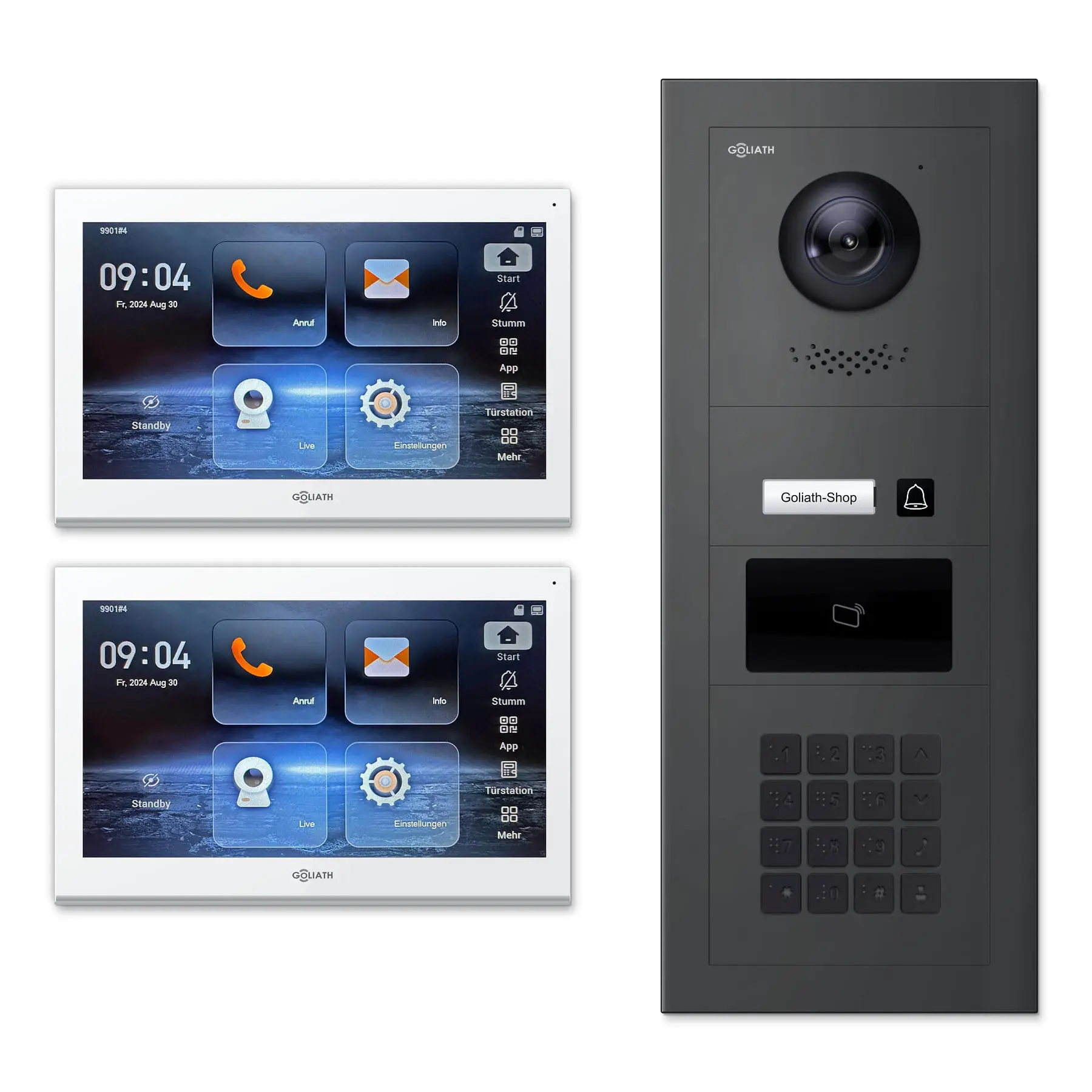 Goliath Video Türsprechanlage GL-IPH151A.2 für 1-Familienhaus: 2 Monitore mit 10 Zoll in Weiß, Außenstation in Anthrazit mit 1 Klingeltaste sowie RFID, Zahlencode. Set für Aufputzmontage.