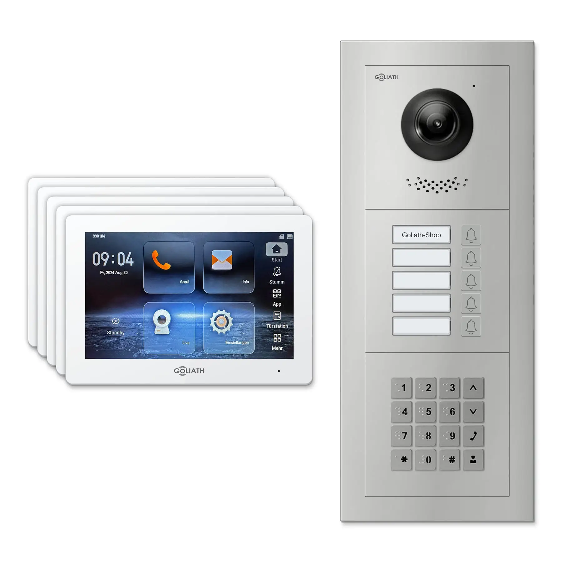 Goliath Türsprechanlage mit Kamera GL-HB520.1 für 5-Familienhaus: 5 Monitore mit 7 Zoll in Weiß, Außenstation in Silber mit 5 Klingeltasten sowie Zahlencode. Set für Aufputzmontage.