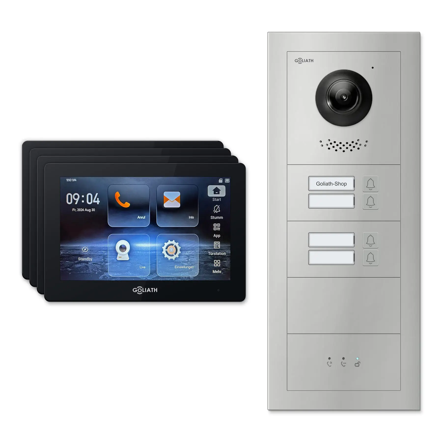 Goliath Video Türsprechanlage GL-IPH445.2 für 4-Familienhaus: 4 Monitore mit 7 Zoll in Schwarz, Außenstation in Silber mit 4 Klingeltasten sowie Statusanzeige. Set für Unterputzmontage.