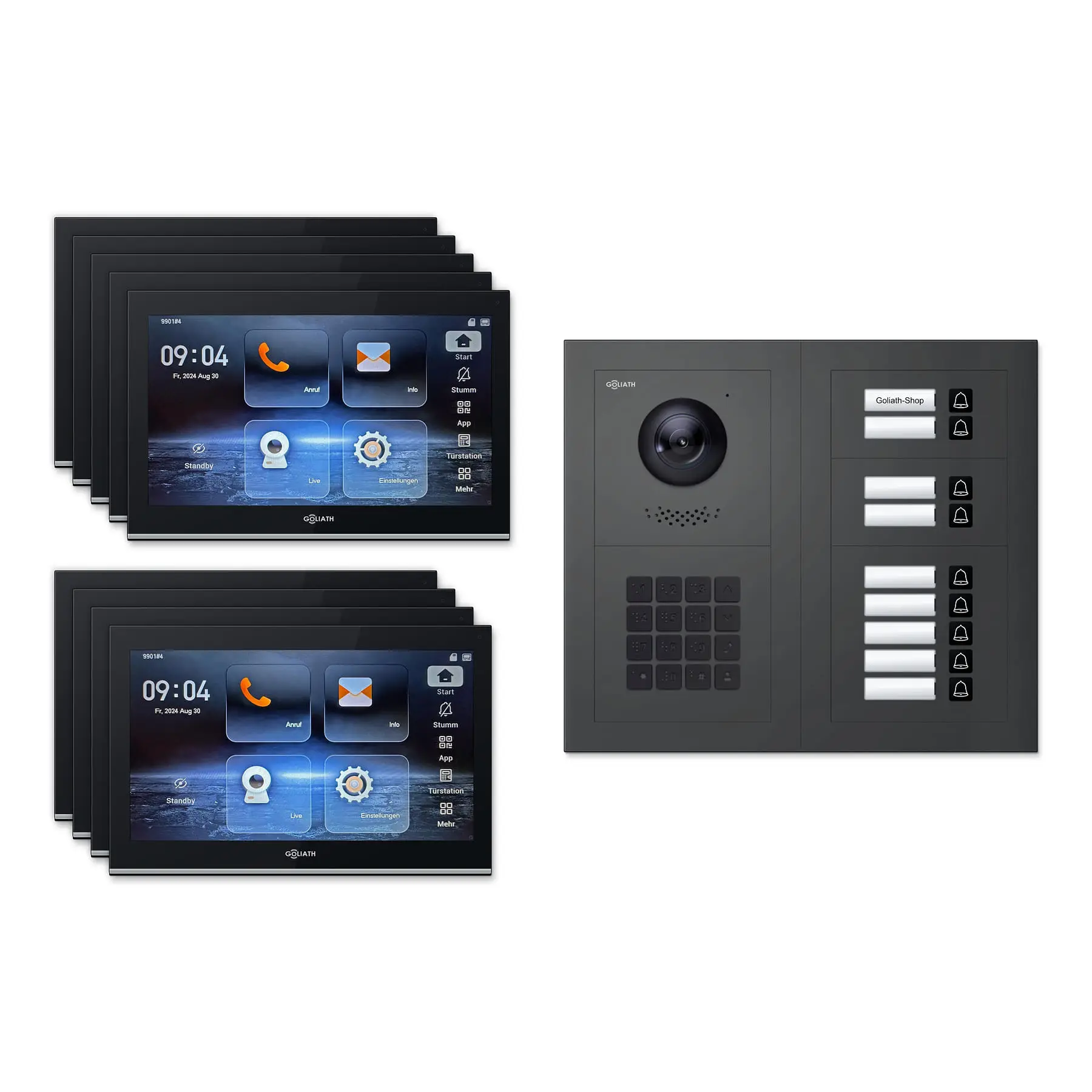 Goliath Video Türsprechanlage GL-IPH920A.2 für 9-Familienhaus: 9 Monitore mit 10 Zoll in Schwarz, Außenstation in Anthrazit mit 9 Klingeltasten sowie Zahlencode. Set für Unterputzmontage.