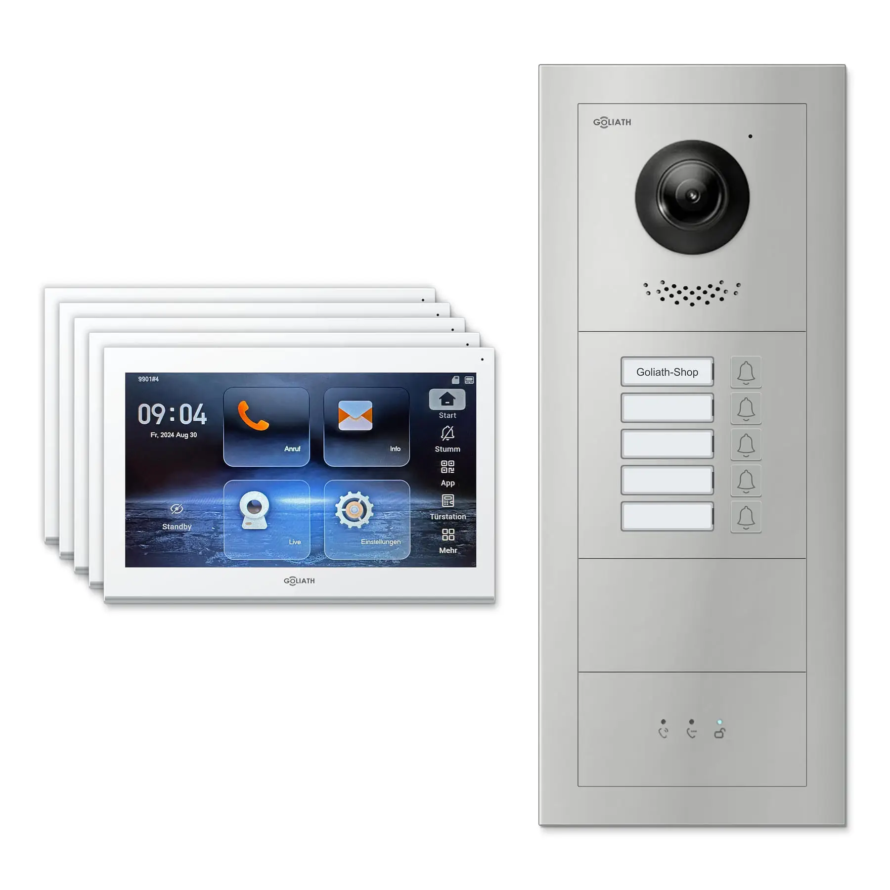 Goliath Video Türsprechanlage GL-IPH540.1 für 5-Familienhaus: 5 Monitore mit 10 Zoll in Weiß, Außenstation in Silber mit 5 Klingeltasten sowie Statusanzeige. Set für Aufputzmontage.