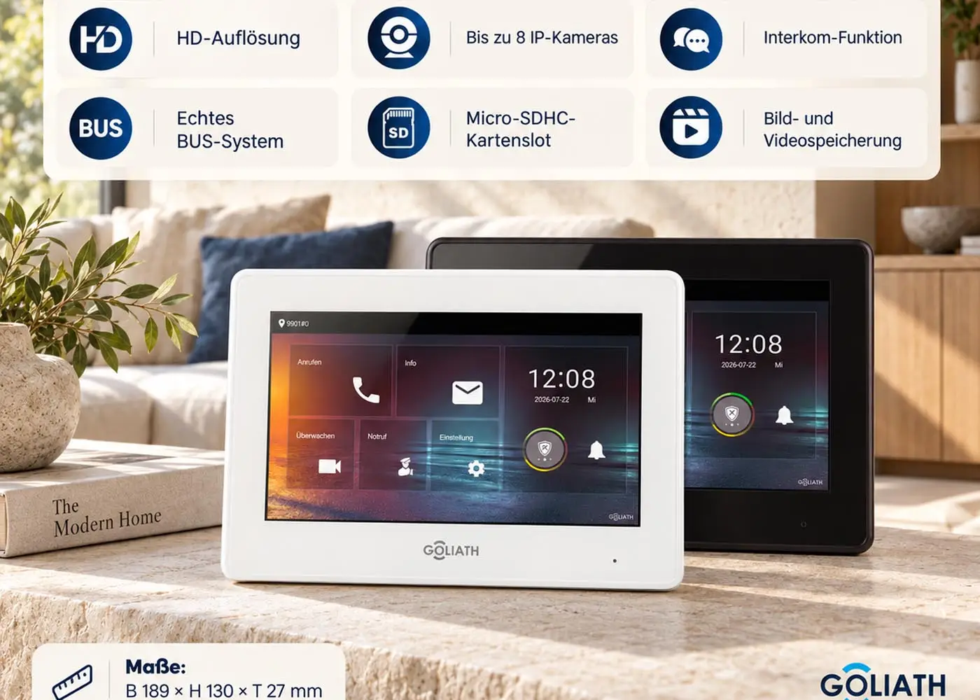 Weiße und schwarze Goliath 7-Zoll-Innenmonitore mit Touchscreen und Steckplatz für eine Micro-SD-Karte Weiße und schwarze Goliath 7-Zoll-Innenmonitore mit Touchscreen und Steckplatz für eine Micro-SD-Karte