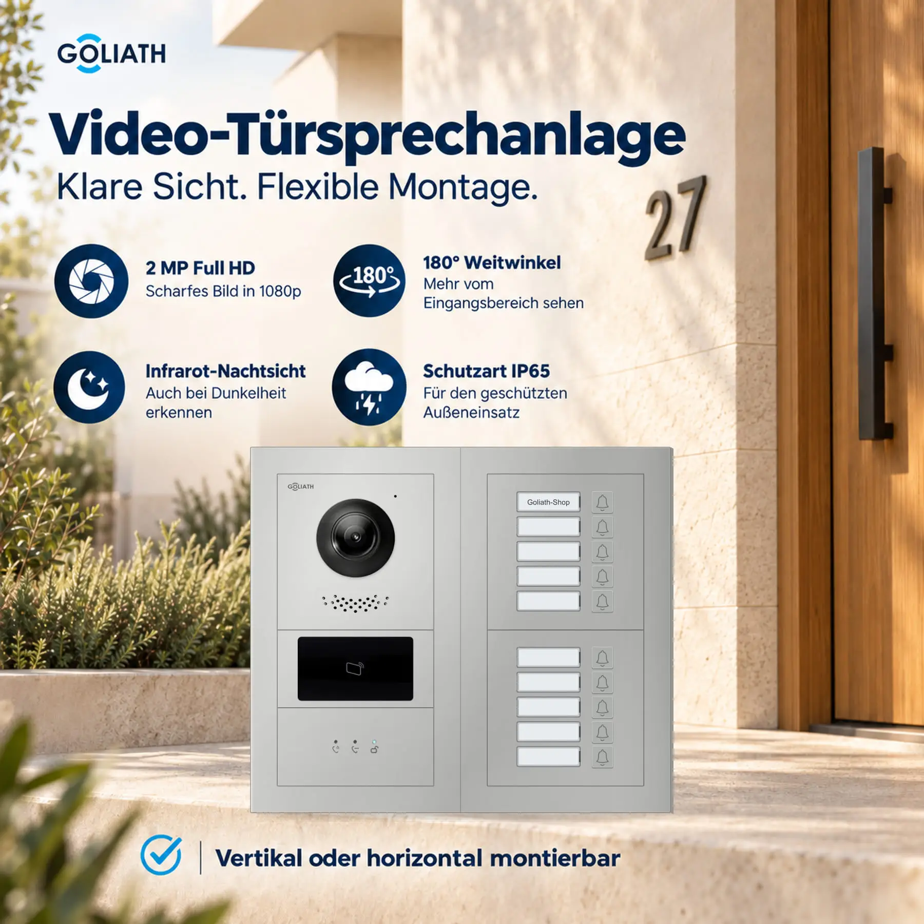 Goliath Premium-Line-Außenstation in Silber mit Kamera, 10 Klingeltasten, RFID-Leser und Feedback-Anzeige. Zwei aufrechte Modulspalten nebeneinander auf Naturstein.